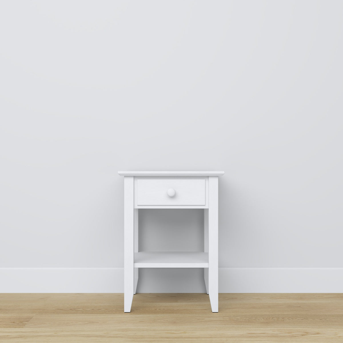 Table de chevet N01 en bois blanc – poignée et face du tiroir, gros plan