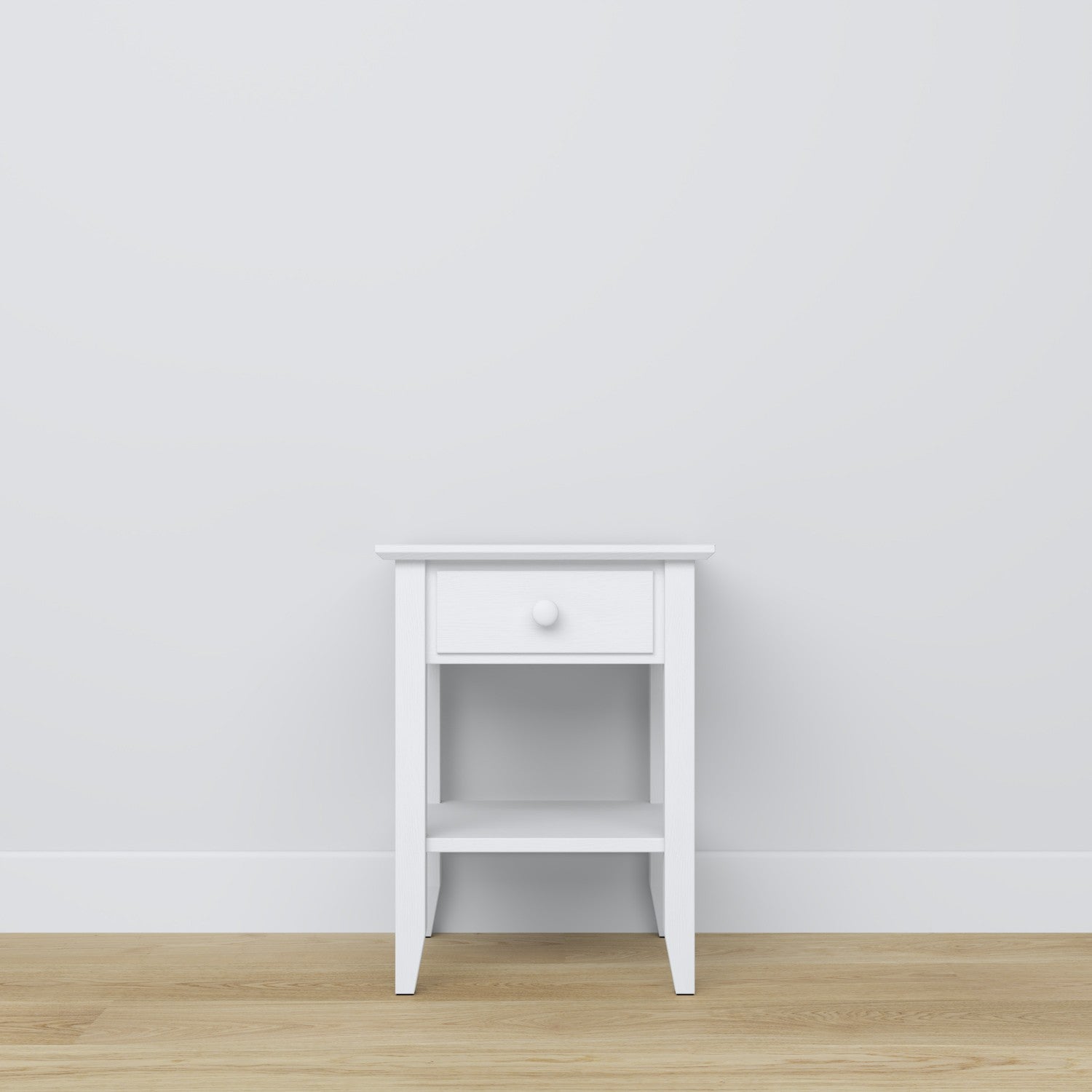 Table de chevet N01 en bois blanc – poignée et face du tiroir, gros plan