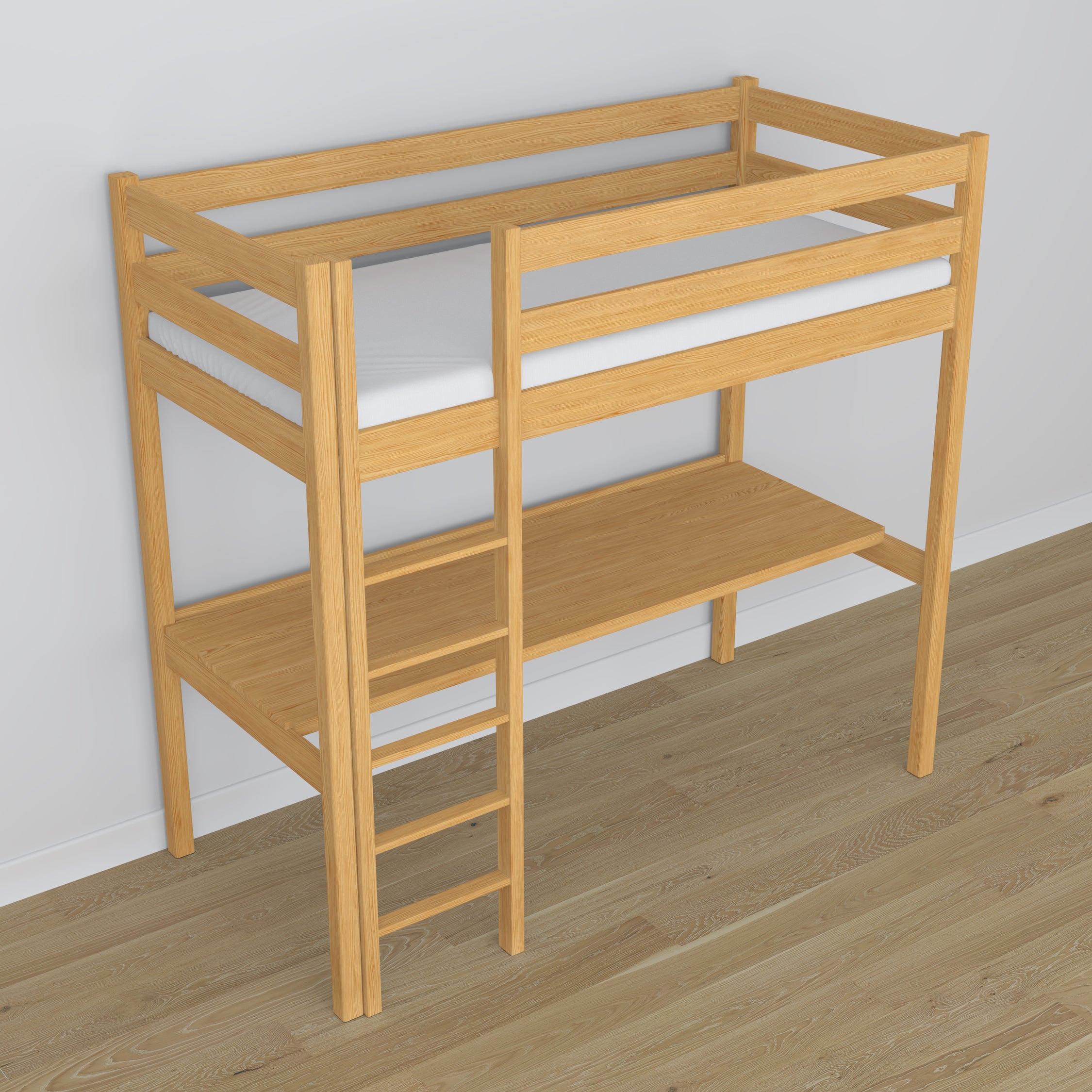Loft bed natural pine wooden – top view of the sleeping area, Nizio