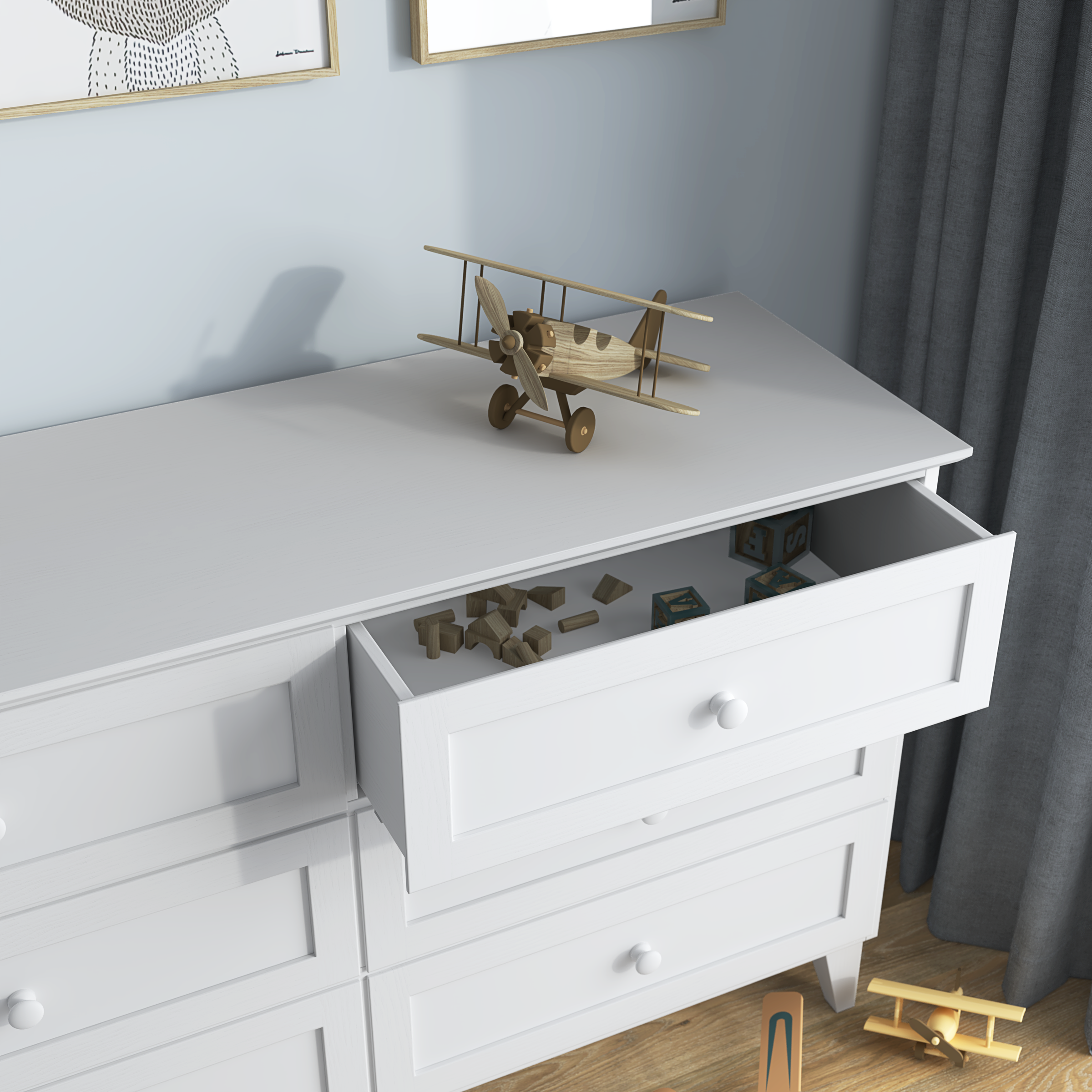 Commode 6S blanc en bois – vue de côté, profondeur i profil