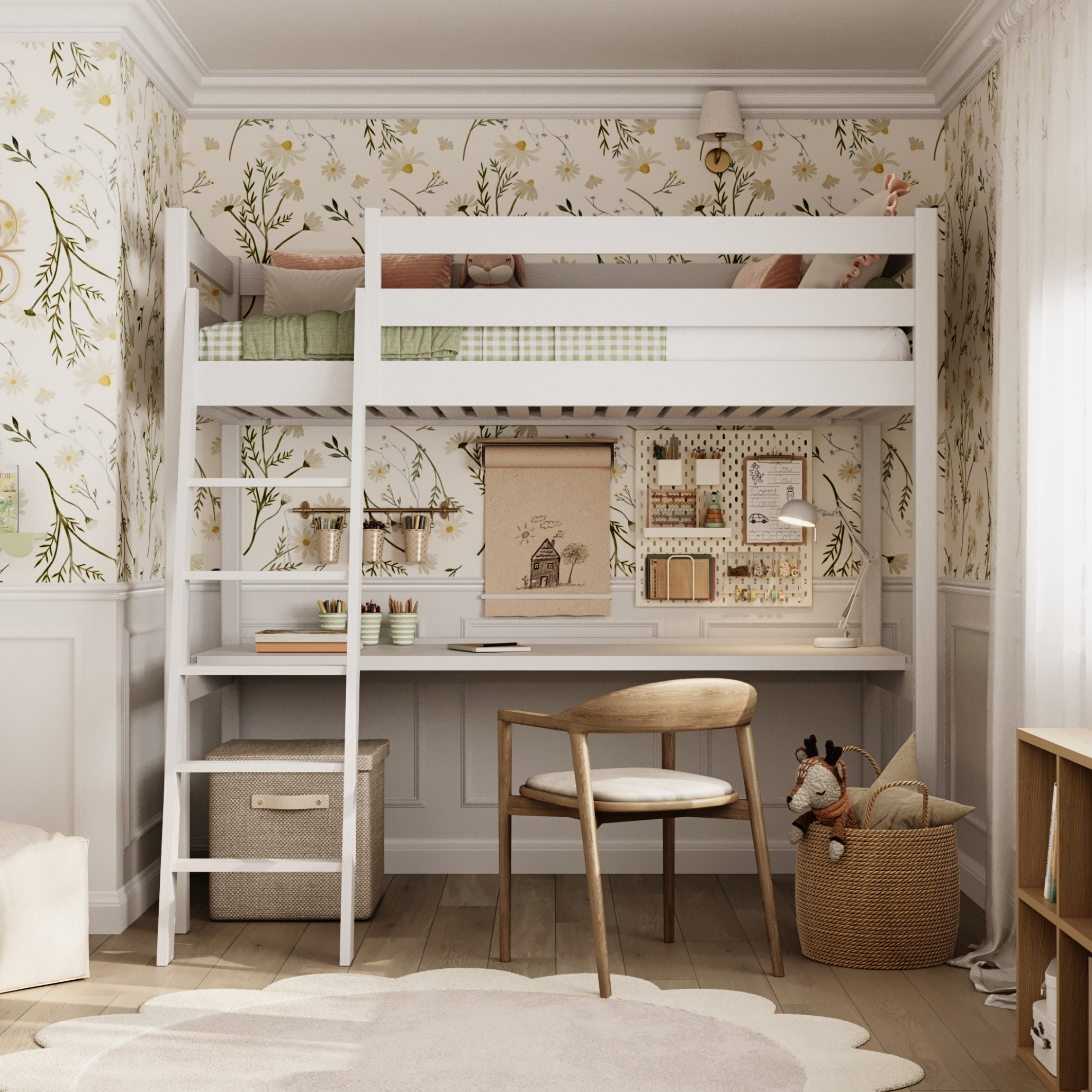 Hochbett mit Schreibtisch aus Holz weiß – Kinderzimmer, scandi Nizio