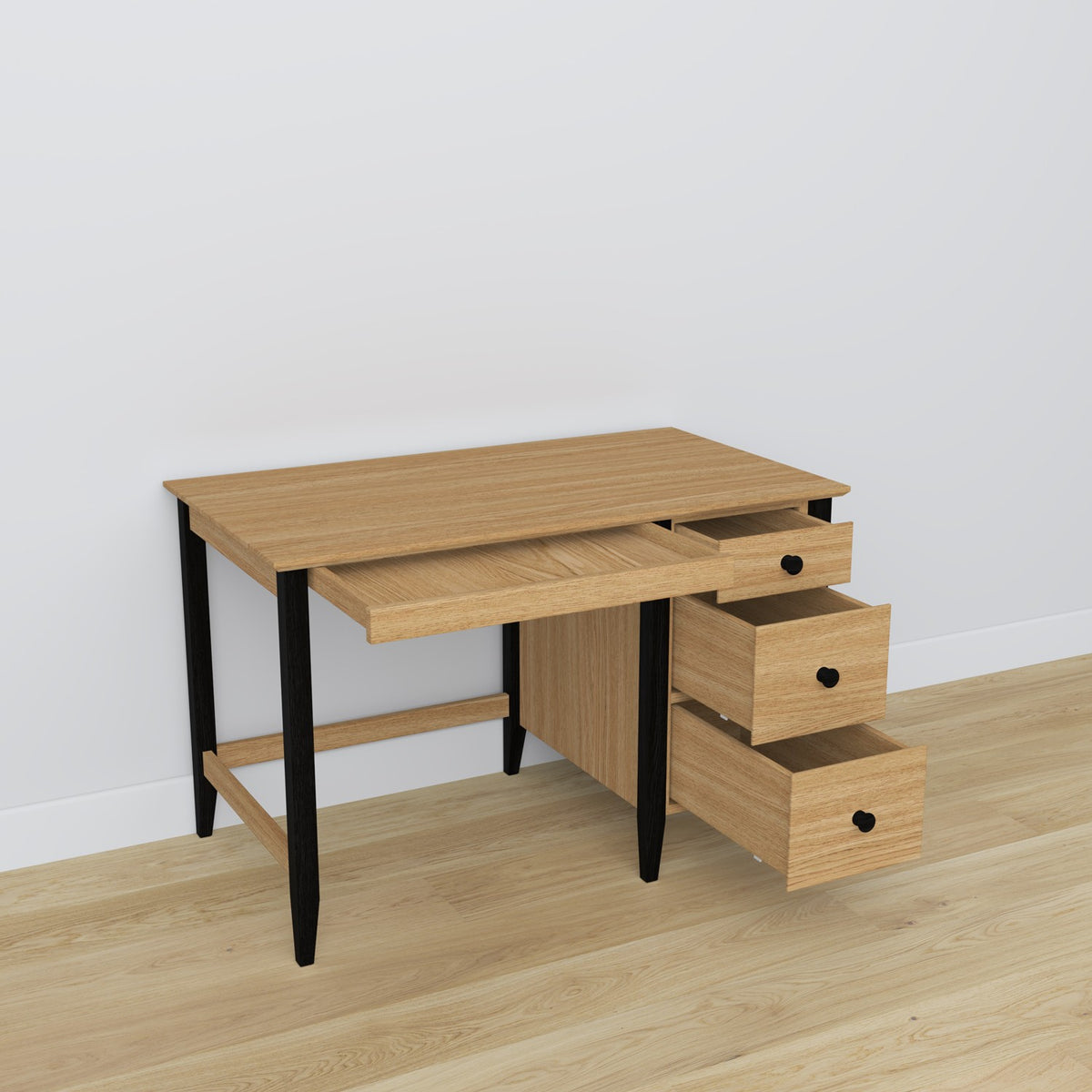 Bureau 3S en chêne chêne naturel avec noir – tiroirs ouverts, rangements pour documents