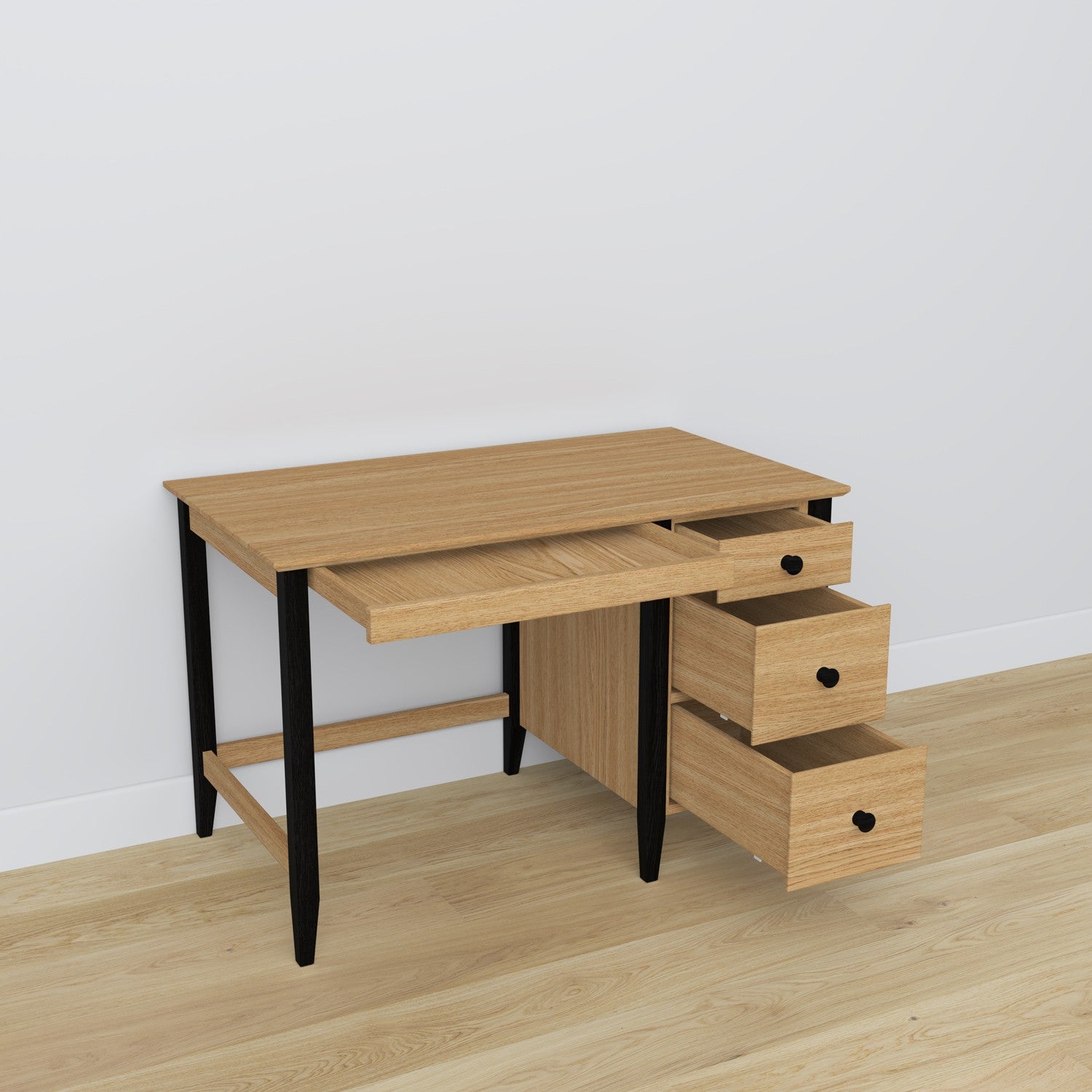 Bureau 3S en chêne chêne naturel avec noir – tiroirs ouverts, rangements pour documents