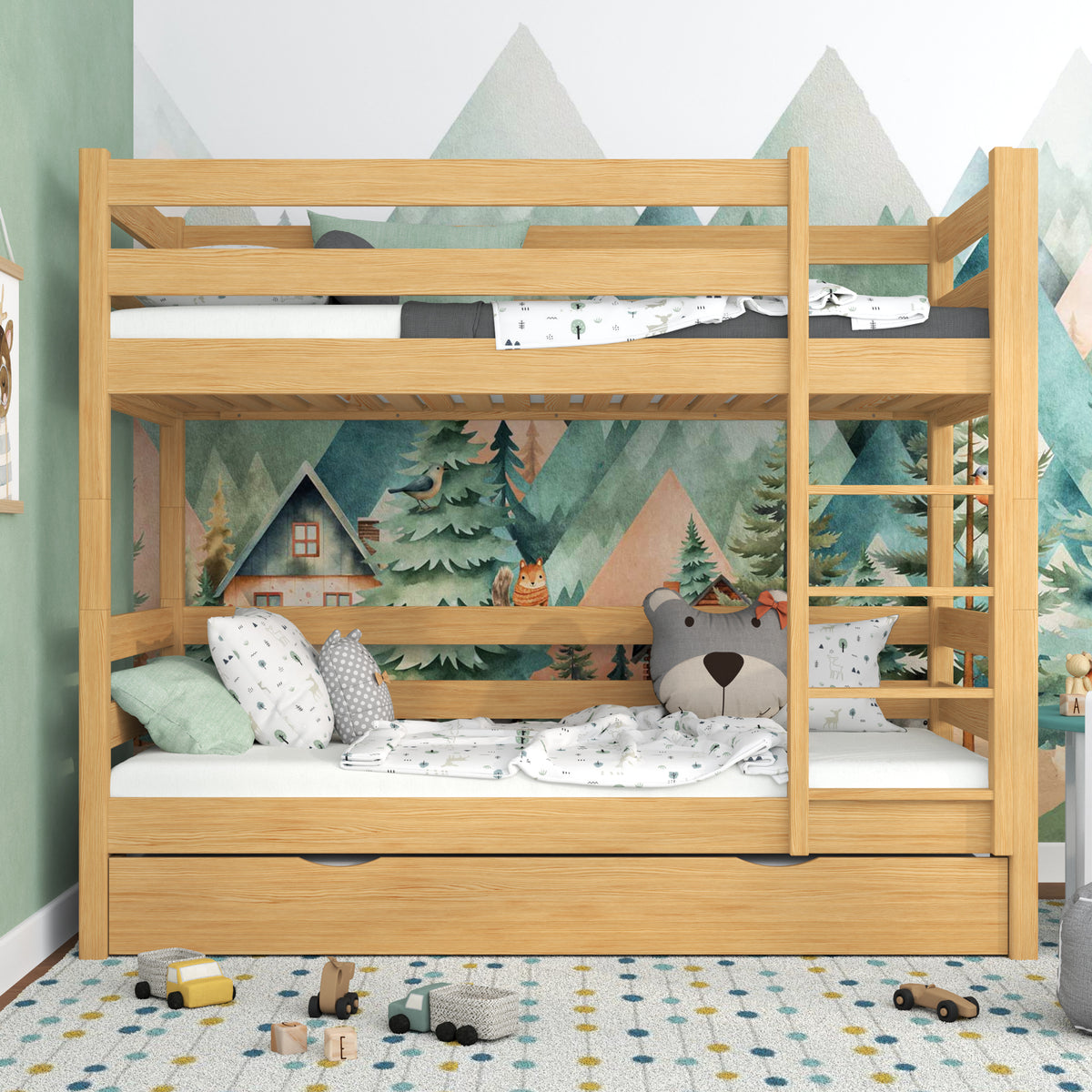 Natural Pine Wooden Bunk Bed – Ladder, Rails, Drawer for Extra Mattress