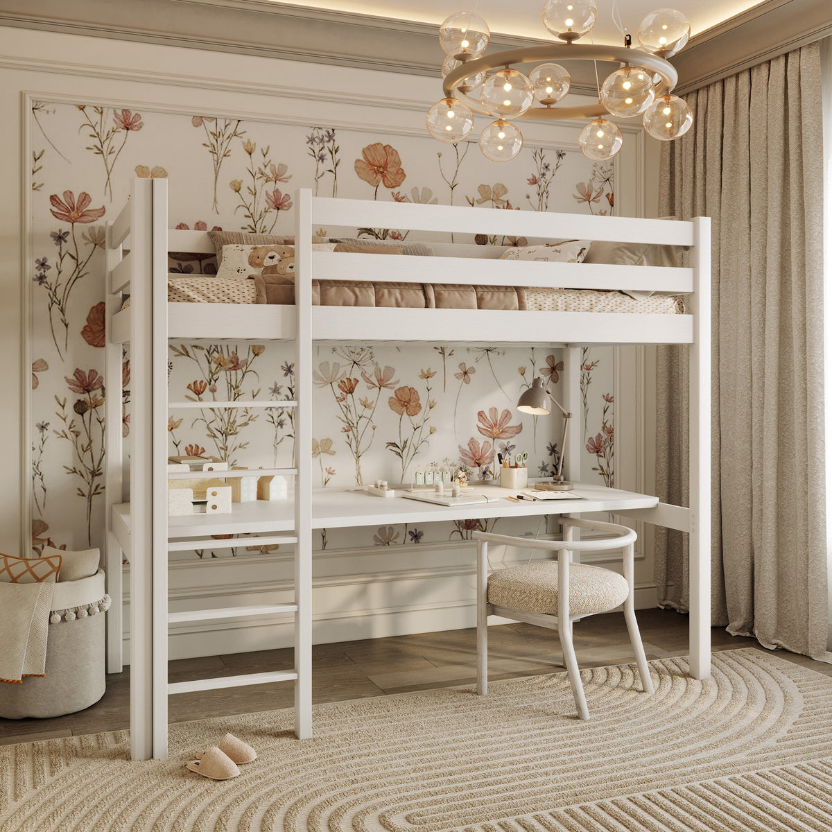 Hochbett mit Schreibtisch aus Holz weiß – Kinderzimmer, scandi Nizio