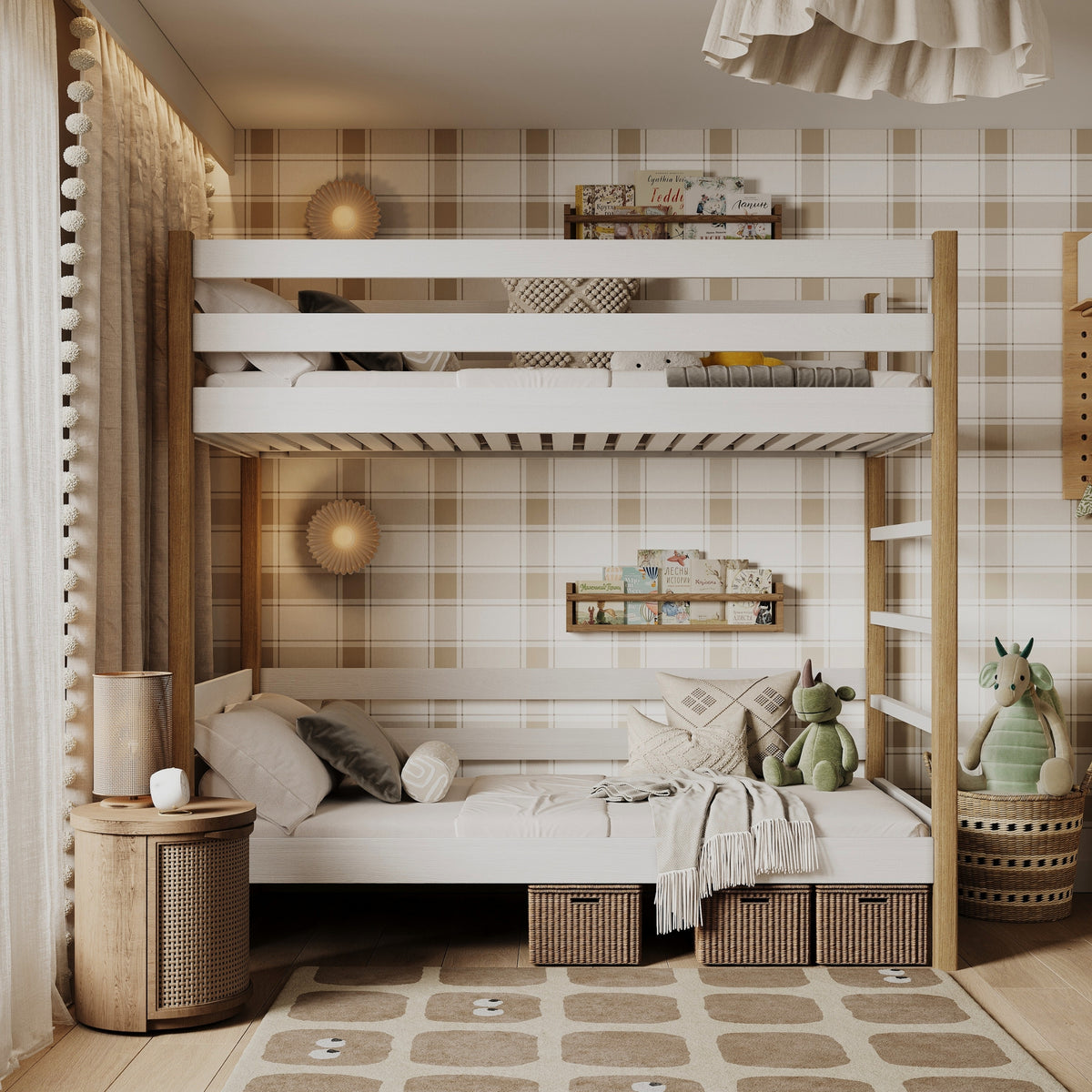 Lit superposé en bois blanc-chêne – chambre d'enfant, bois massif, style scandinave