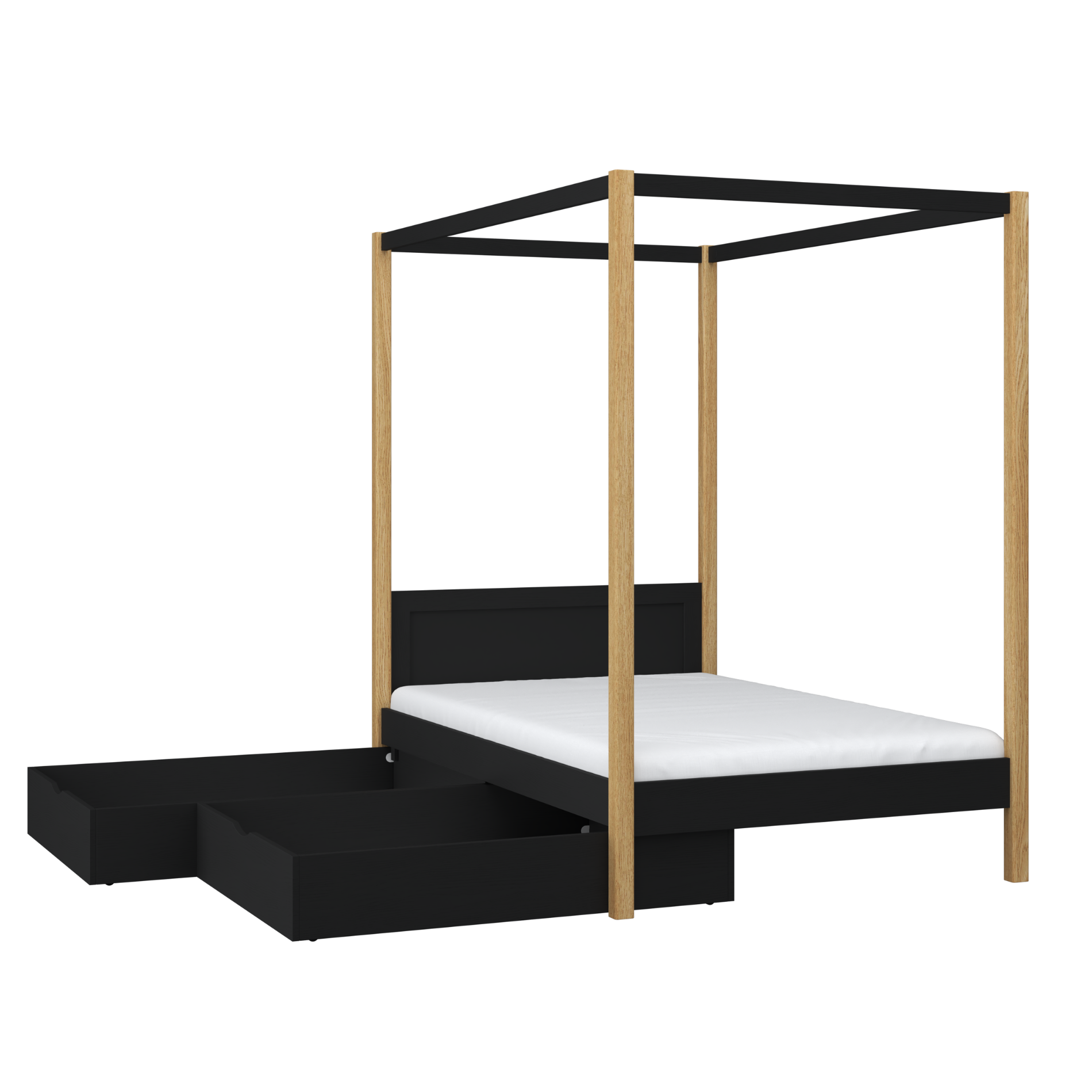 Black and Oak Canopy Bed with Drawer – Side View, Wooden