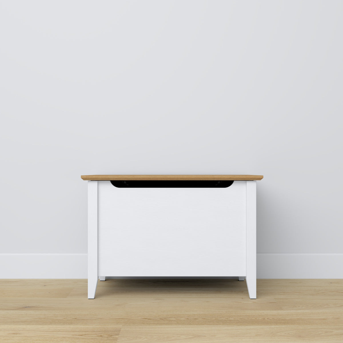 Coffre en bois blanc avec chêne – rangement et siège, style scandinave Nizio