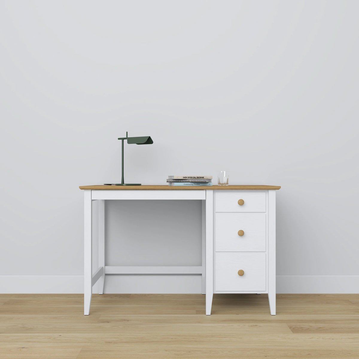 Bureau z 3 tiroirmi en bois blanc avec chêne – bureau i chambre de jeune, scandinave