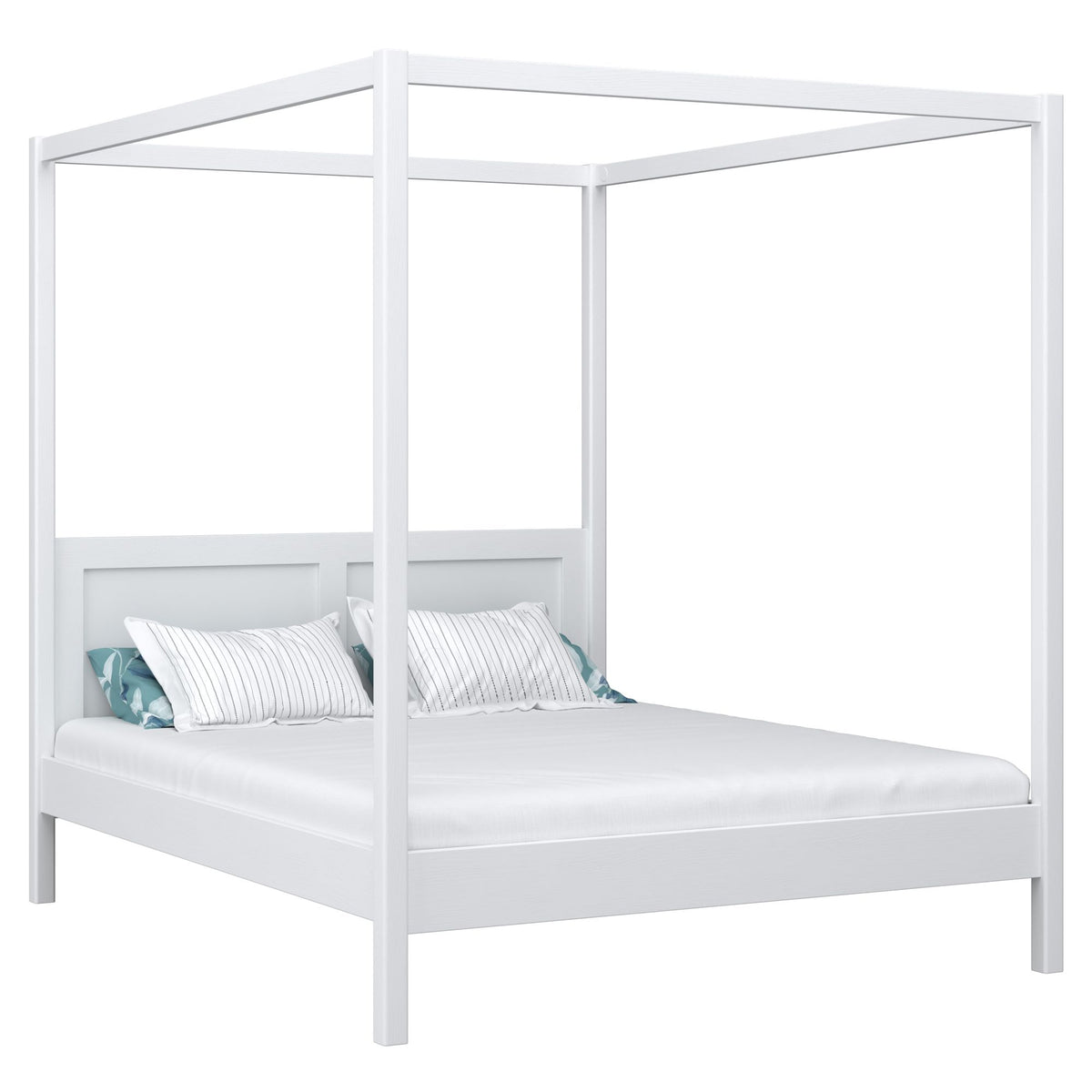 Lit double à baldaquin blanc – sommier i lattes, en bois, Nizio