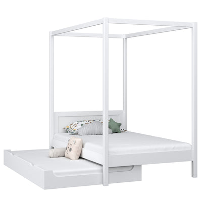 Single bed with canopy and drawer for an extra mattress N02 wooden in custom RAL/NCS color – solid wood, N