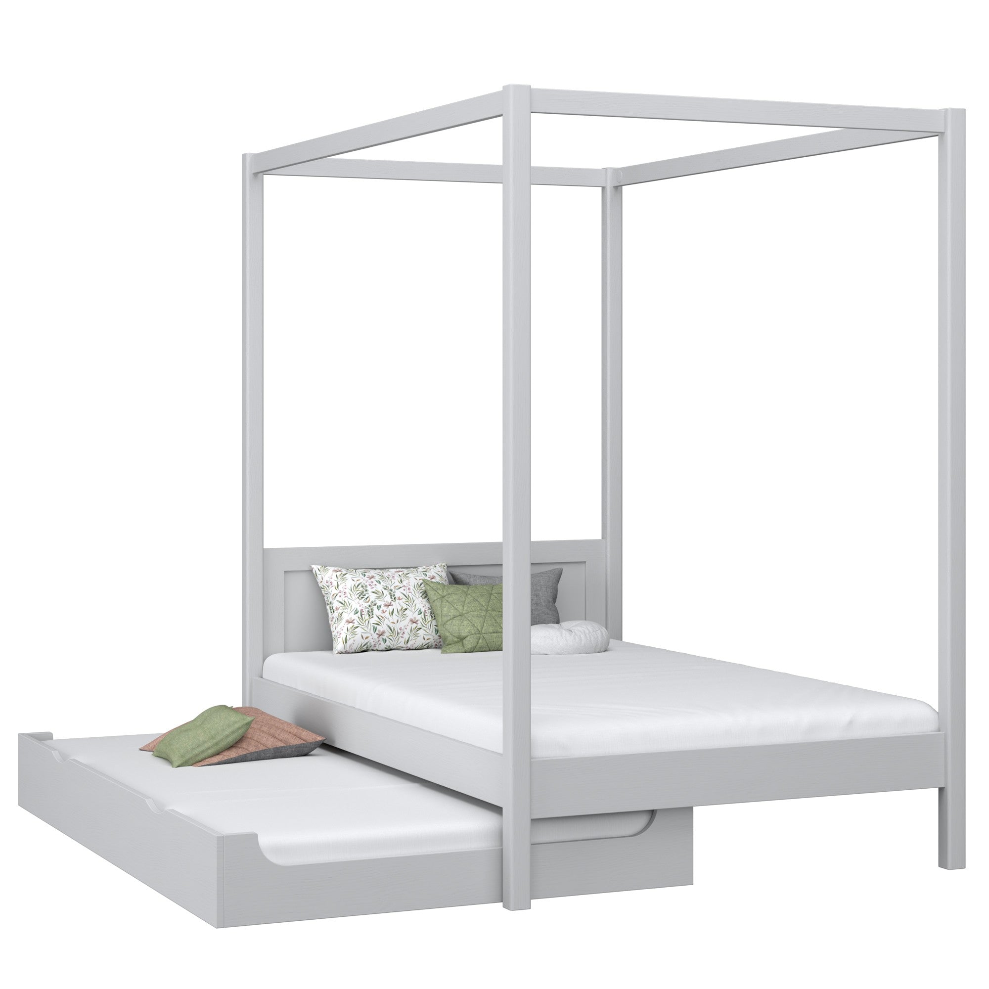 Wooden canopy bed with mattress drawer grey – scandi child’s room