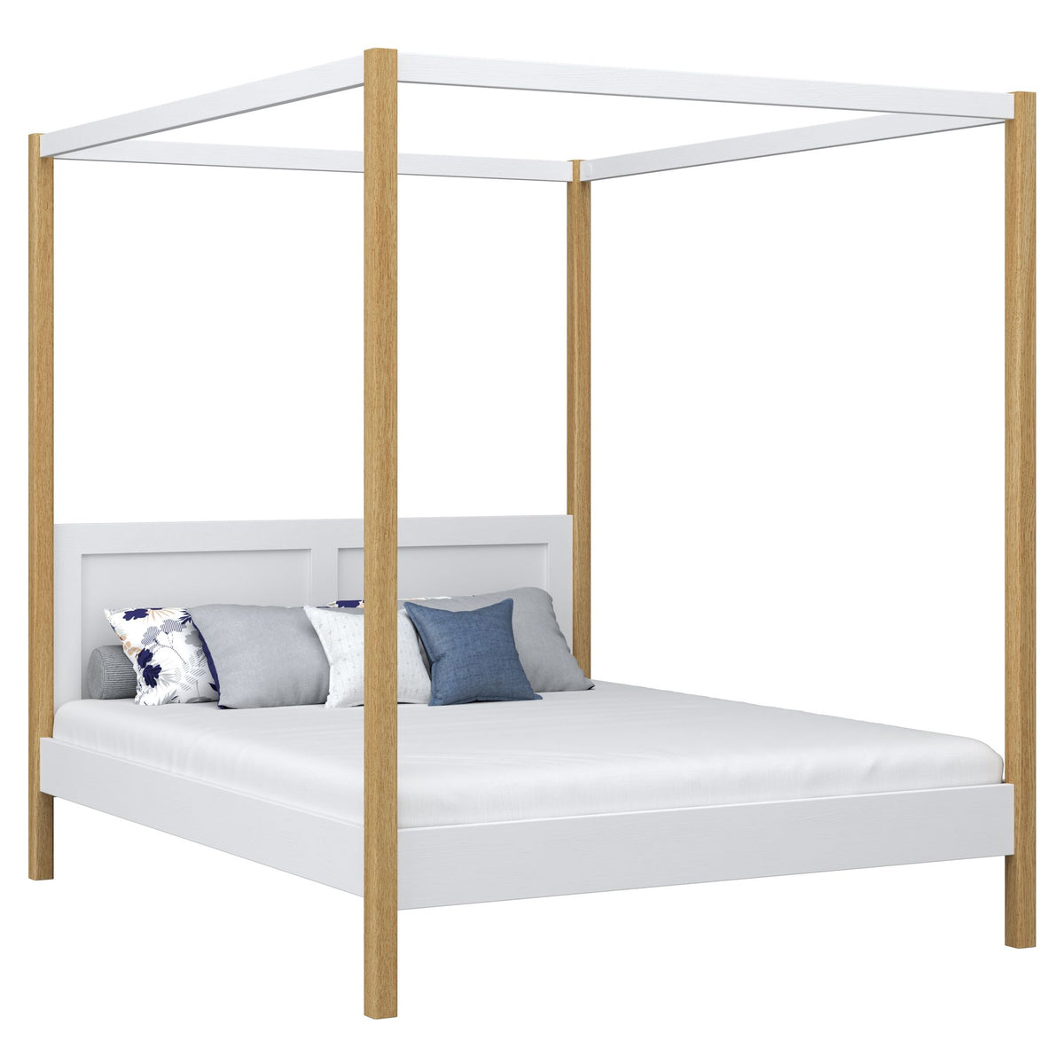 Doppelbett mit Baldachin weiß-Eiche – Rahmen und Slats, Holz, Nizio