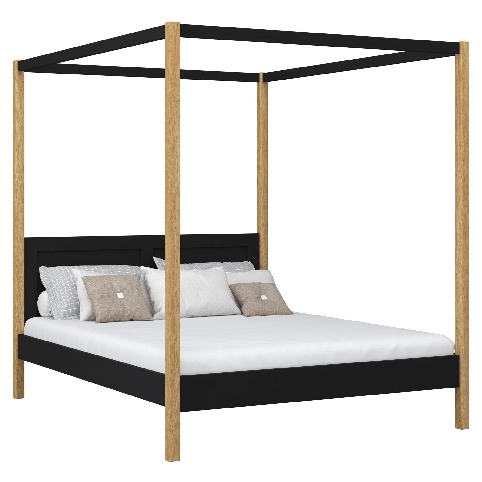 Doppelbett mit Baldachin schwarz-Eiche – Rahmen und Slats, Holz, Nizio