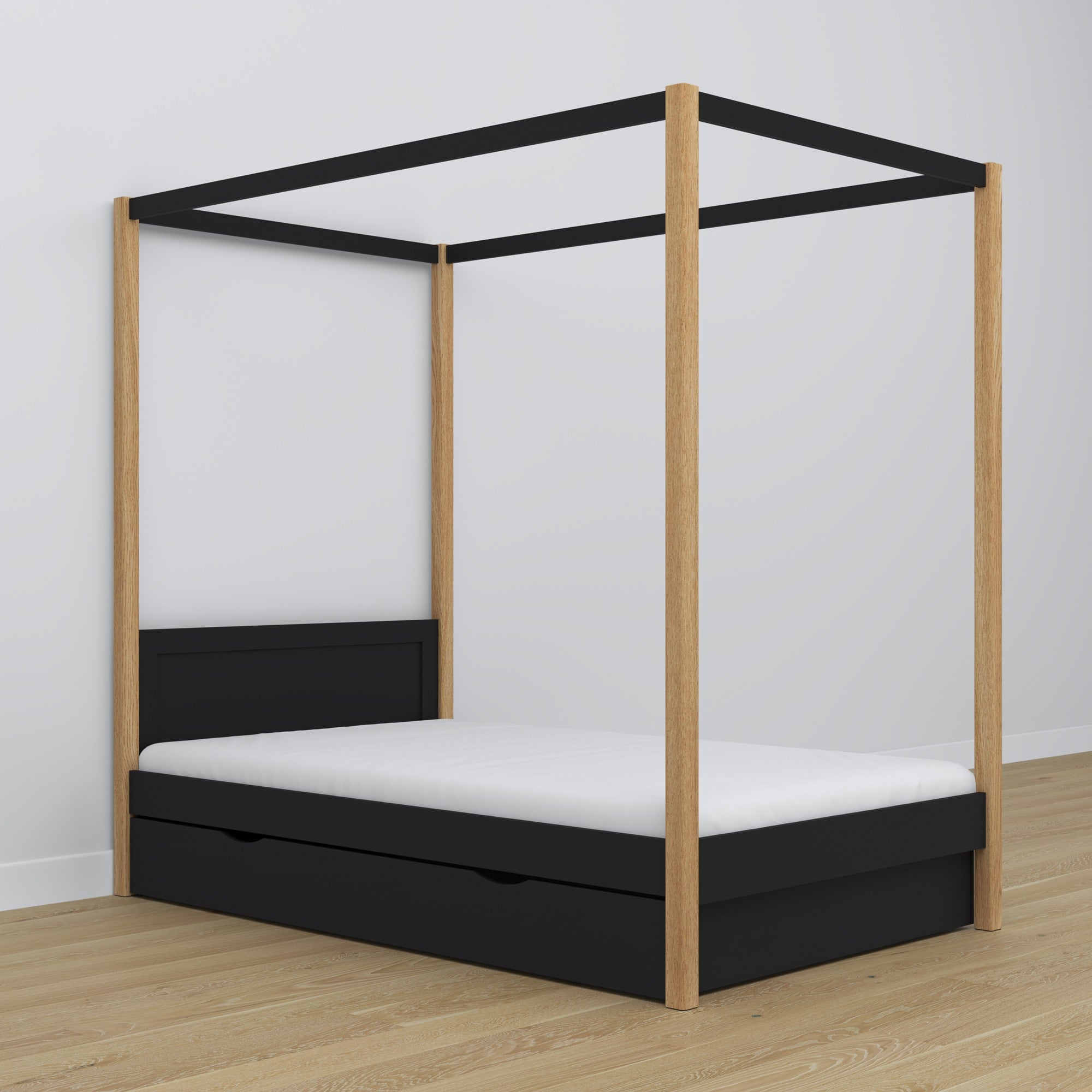 Wooden black-oak canopy bed in a child’s room – scandi arrangement