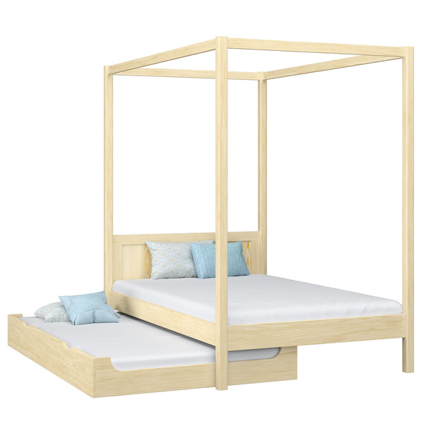 Wooden canopy bed with mattress drawer clear pine – scandi child’s room