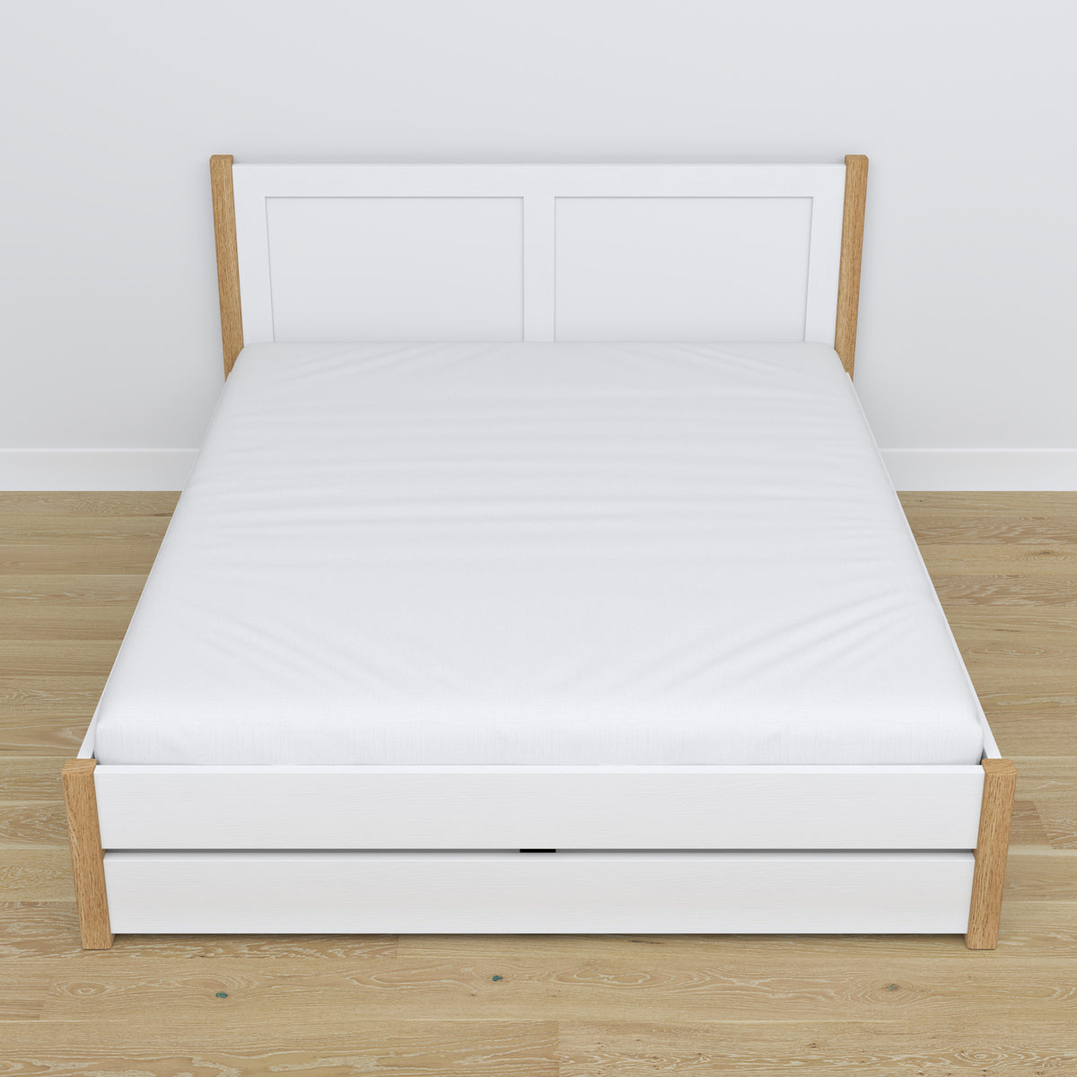 Double bed with wooden drawer white with oak – angled view, scandi bedroom