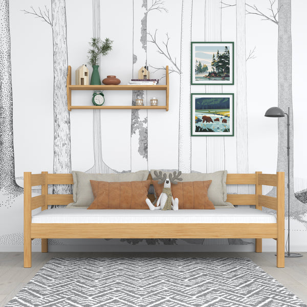 Łóżko sofa sosna naturalna – boczna bariera drewniane, bezpieczeństwo dla dzieci