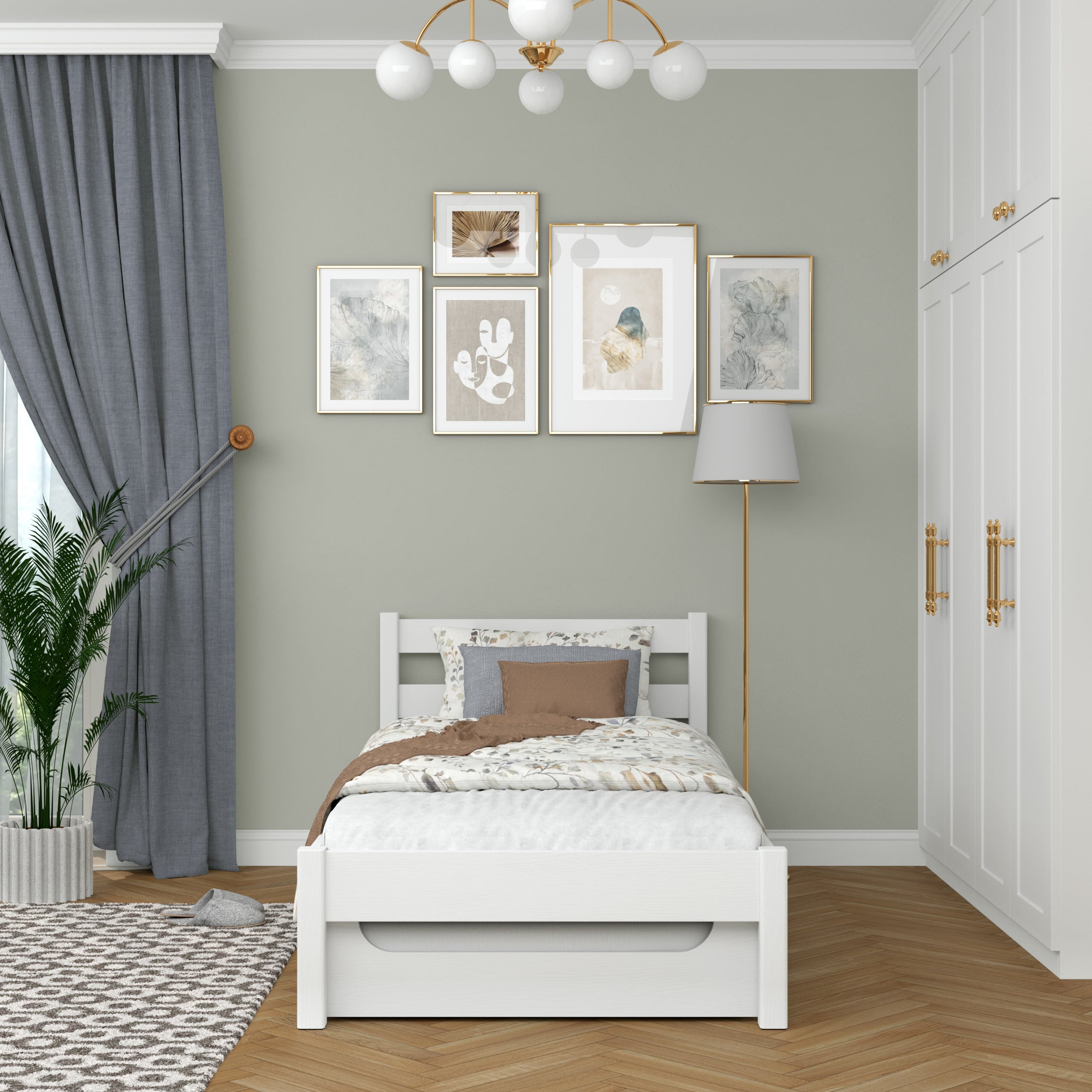 Lit blanc z tiroir na matelas – vue de côté, en bois, Nizio Home