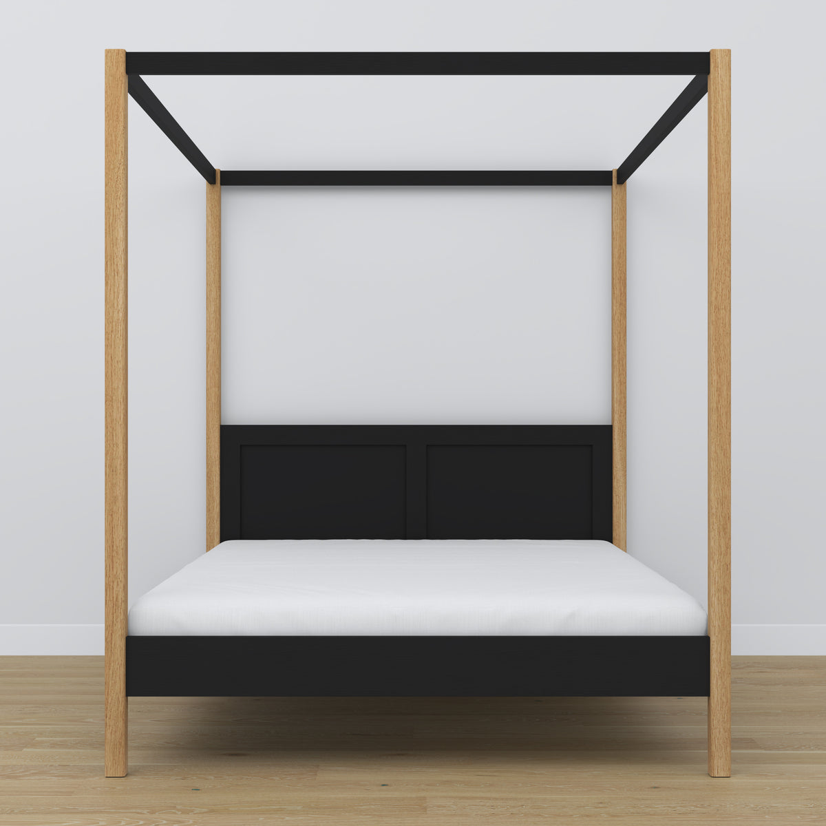 Doppelbett mit Baldachin Holz schwarz-Eiche – Kopfteil und Rahmen, Nahaufnahme