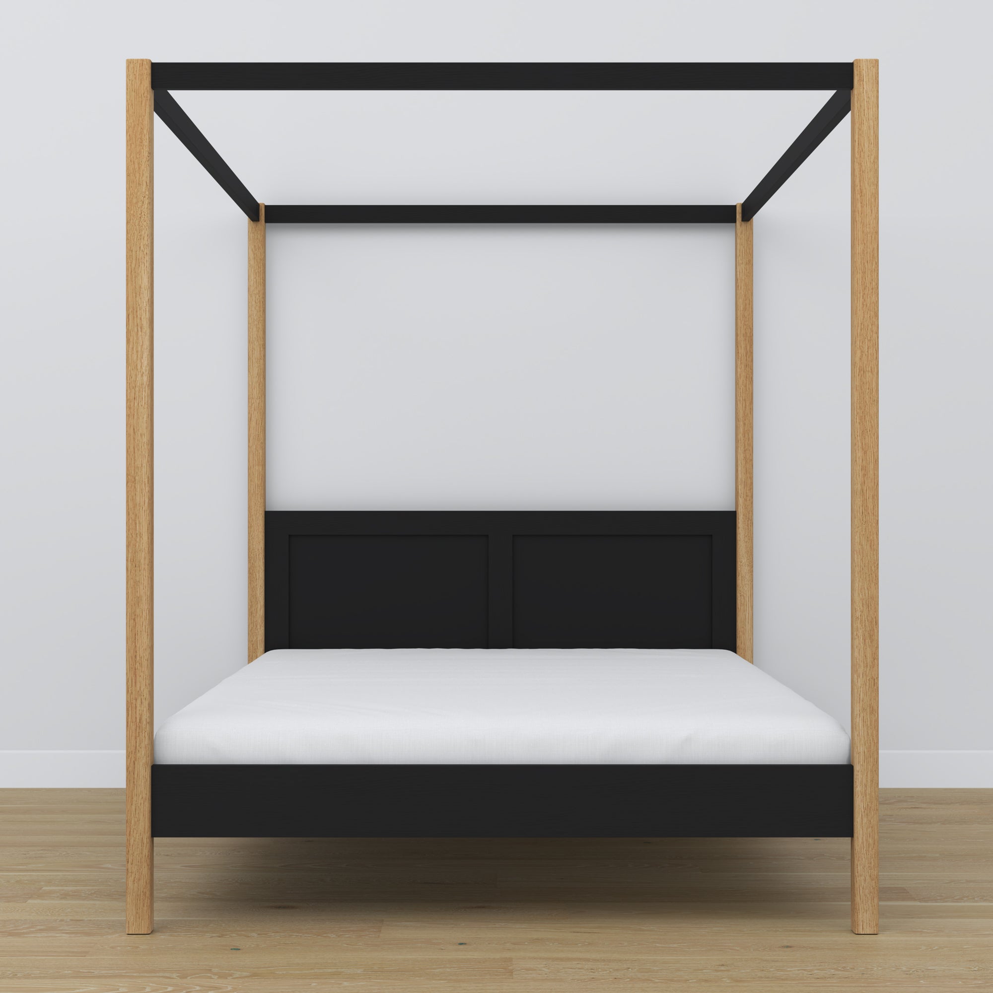 Doppelbett mit Baldachin Holz schwarz-Eiche – Kopfteil und Rahmen, Nahaufnahme