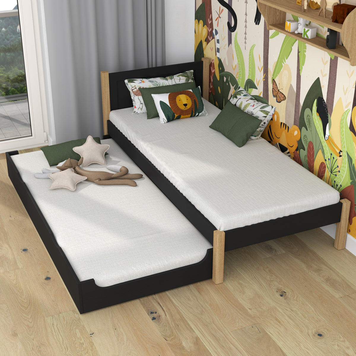 Bett mit Schublade für Matratze Holz schwarz-eiche – Schublade ausgezogen, Gast