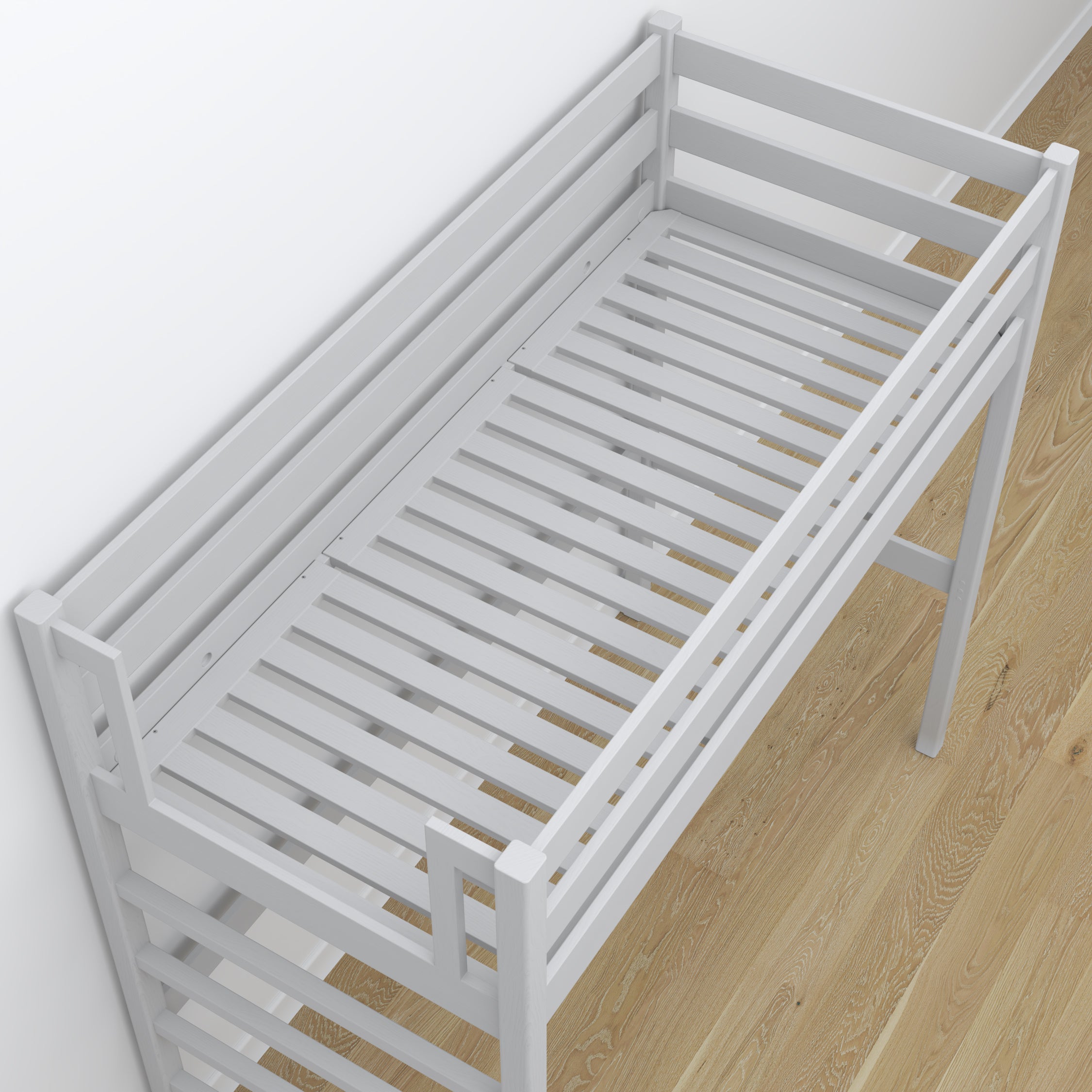 Hochbett aus Holz grau – Details der Verbindungen und Leiter, Nizio Home