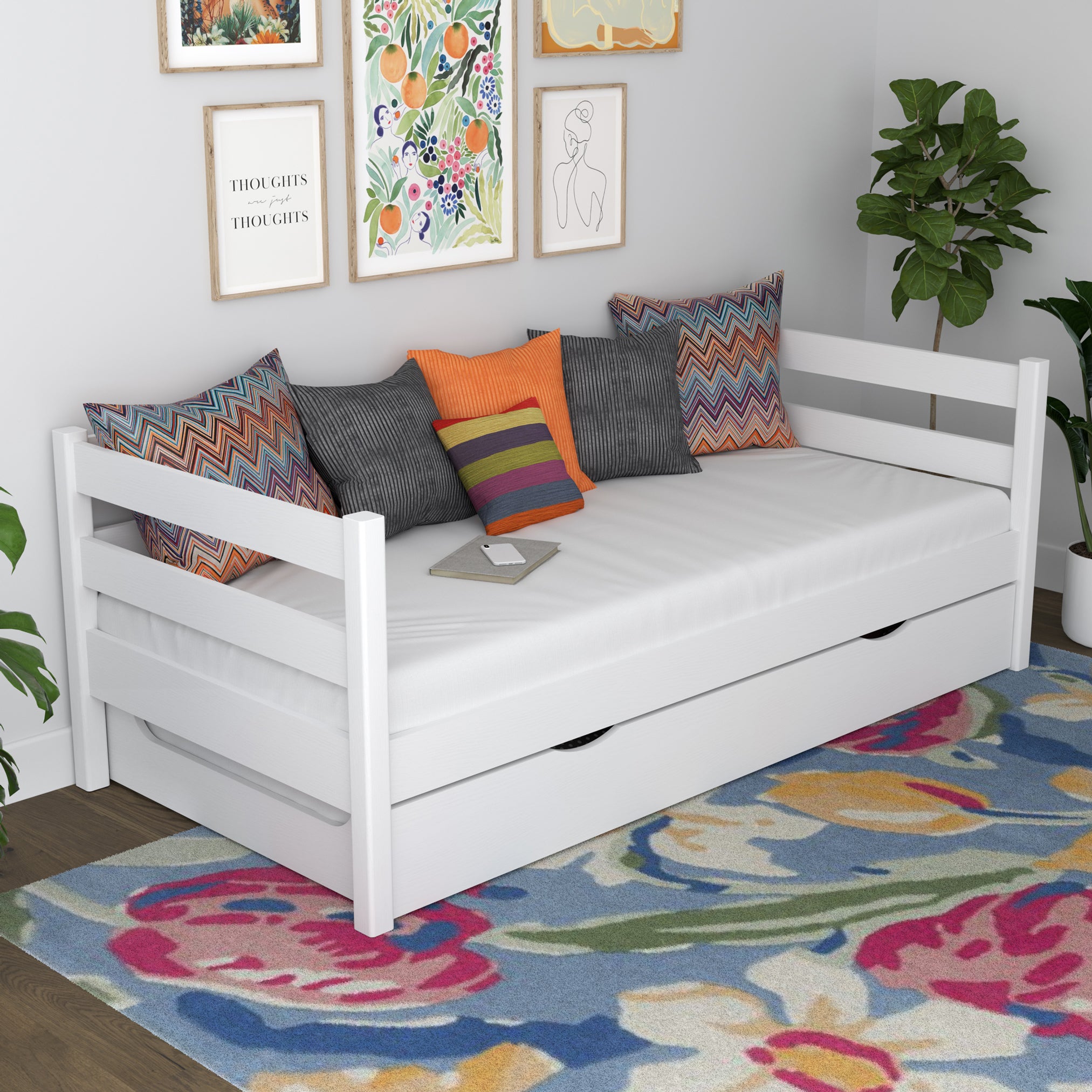 Sofa-Bett weiß mit Schublade für Matratze – Holz, Nizio Home