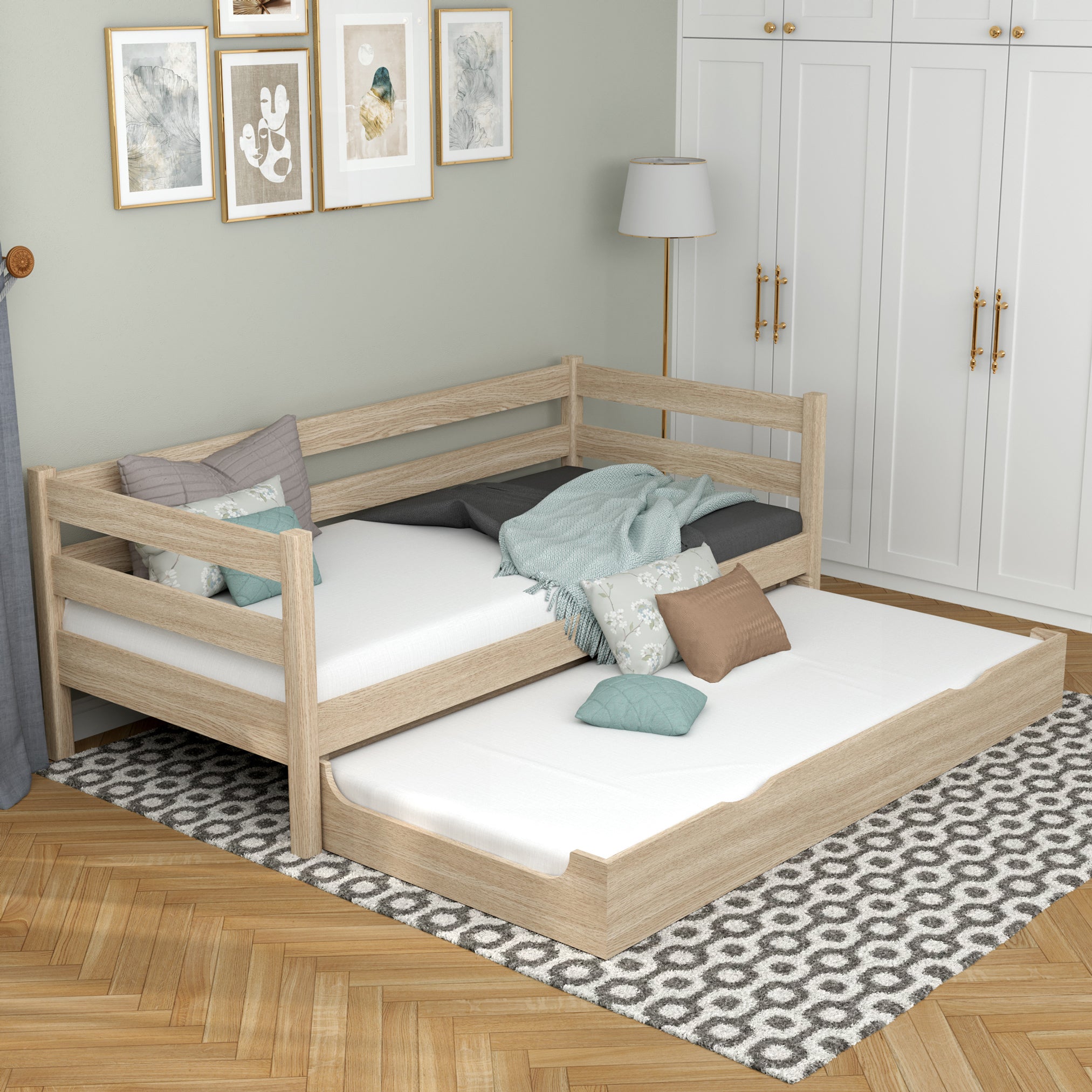 Sofa-Bett Eiche gebleicht – ausgezogene Matratzen-Schublade, für Gäste