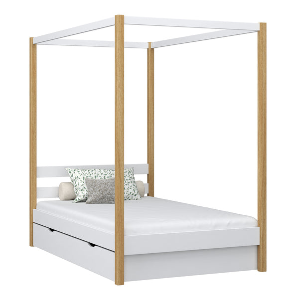 Wooden canopy bed with drawer white-oak – child’s room, scandi style