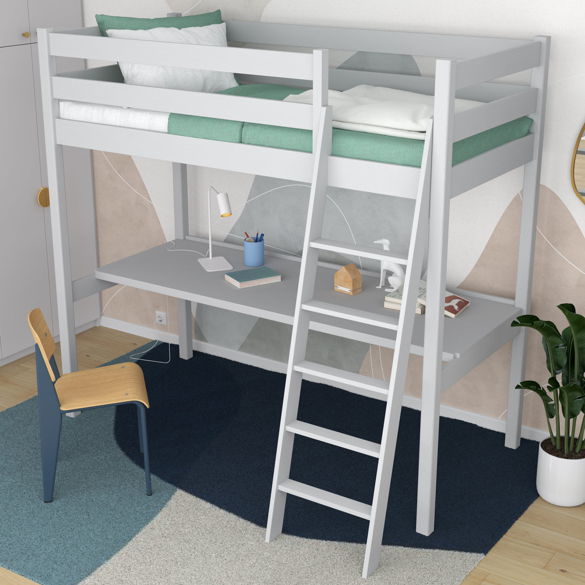 Hochbett Grau – Holzschreibtisch unter dem Schlafbereich, Kinderzimmer scandi
