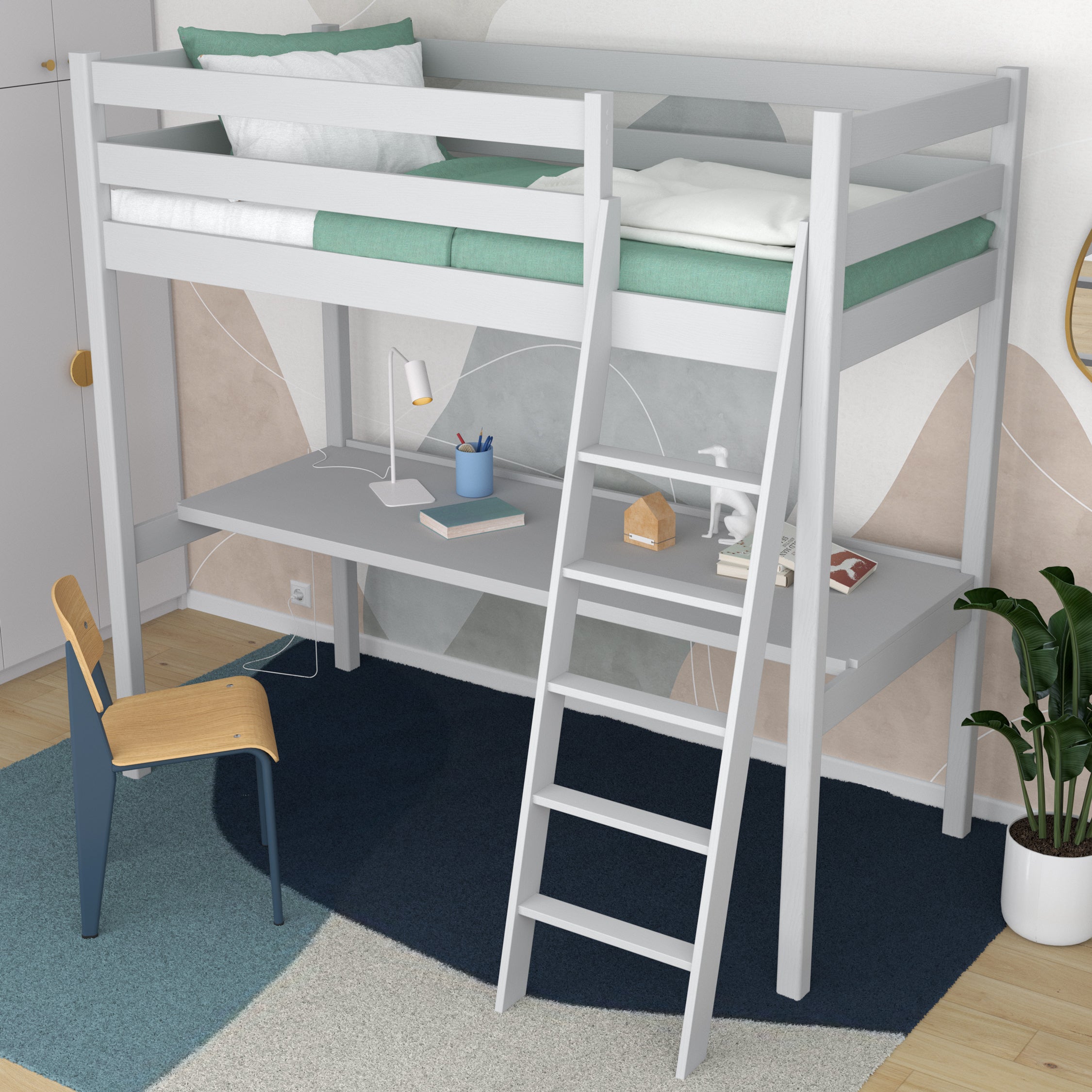 Hochbett Grau – Holzschreibtisch unter dem Schlafbereich, Kinderzimmer scandi