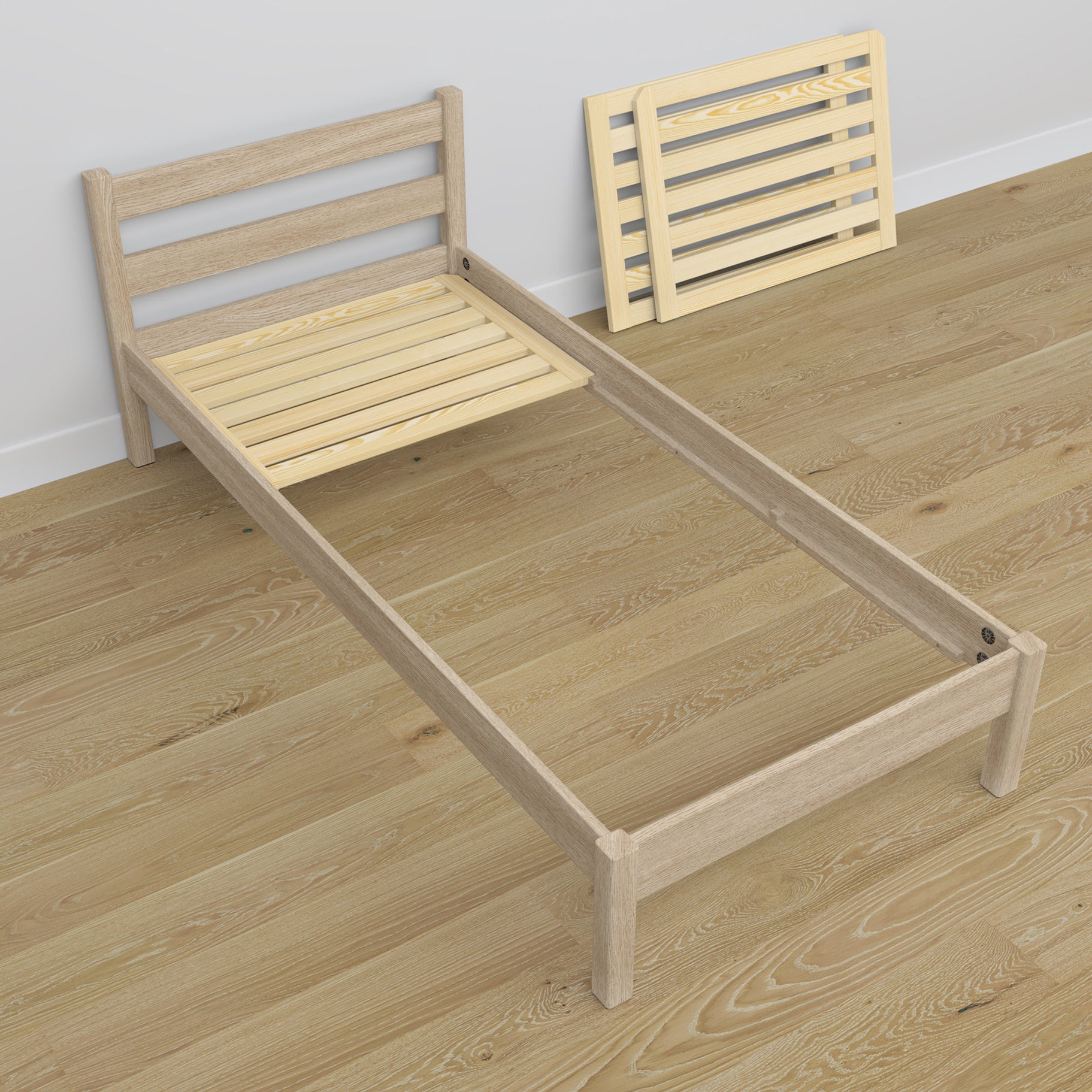 Einzelbett aus Eiche weiß gebeizt – Schrägansicht, Scandi-Kinderzimmer