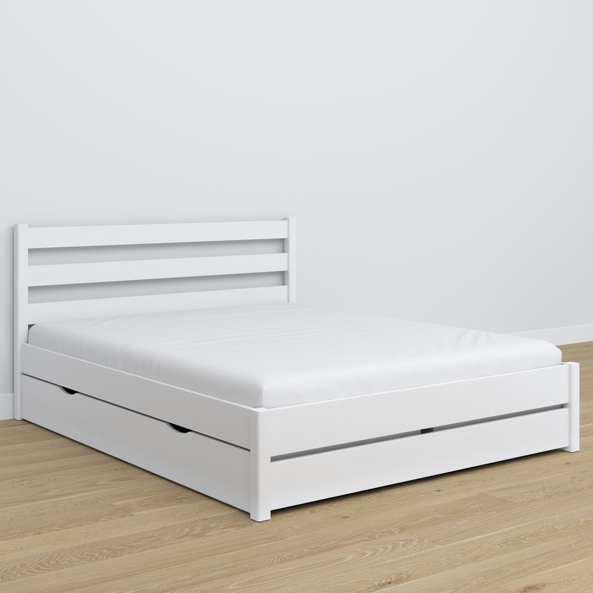 Lit double blanc z tiroir – tête de lit en bois, gros plan