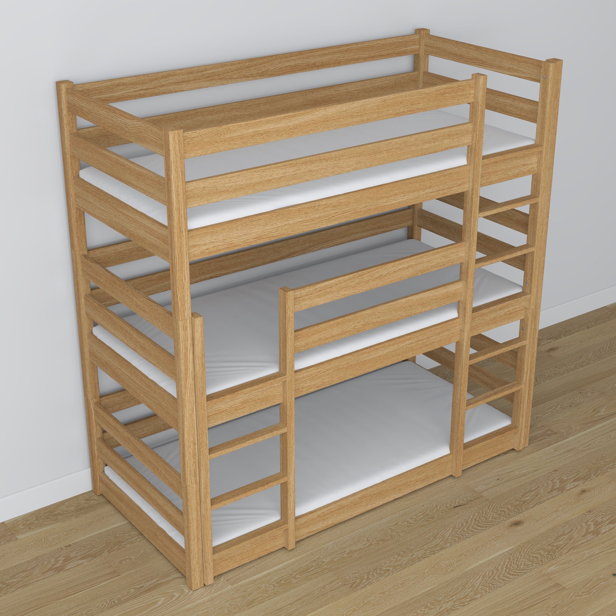 Lit superposé 3 niveaux chêne naturel dans la chambre d'enfant – décoration scandinave, Nizio