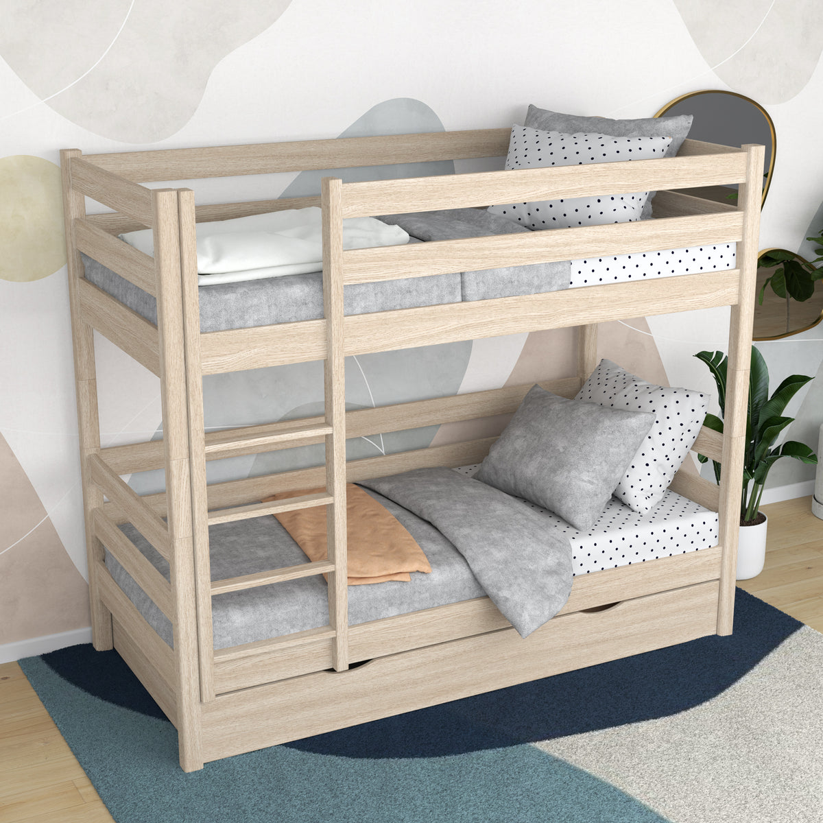Oak Bunk Bed Bleached Oak – Open Drawer, Spacious Storage Under the Bed