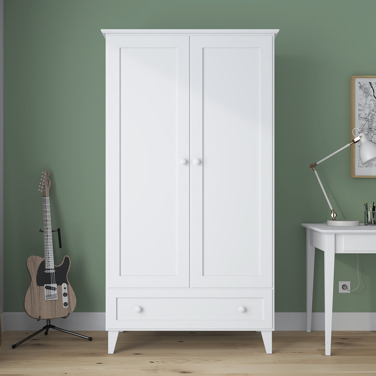 Armoire 2D1S blanc – en bois, portes fermées, vue frontale, Nizio