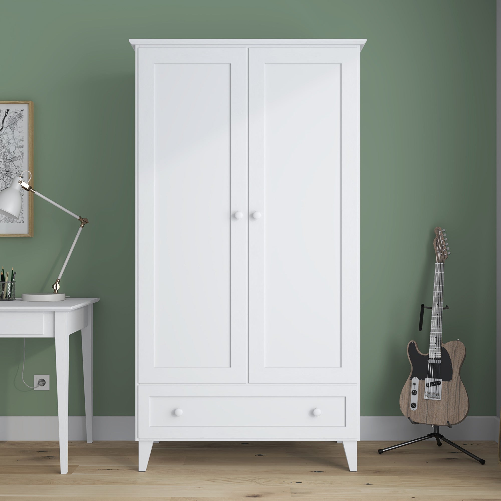 Armoire 2D1S blanc – en bois, portes fermées, vue frontale, Nizio