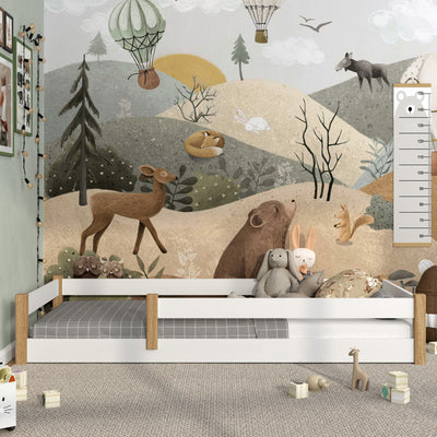 Low Bed Wooden White and Oak – Bedroom, Solid Wood, Scandinavian Style, Nizio