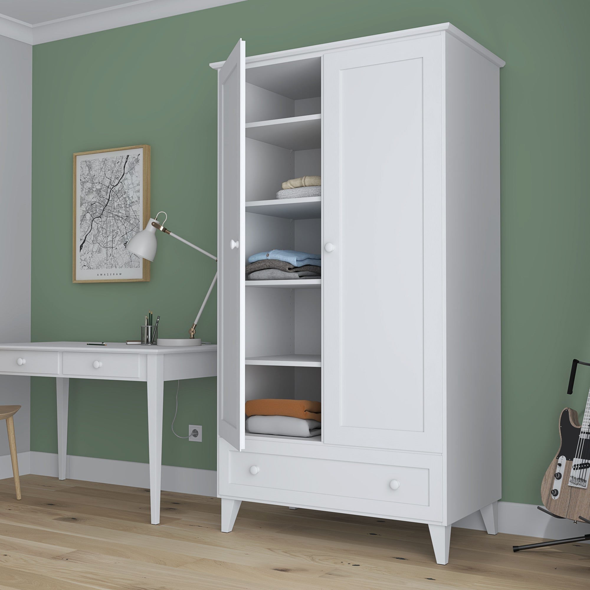 Armoire 2D1S en bois blanc – portes ouvertes, tringle et étagères intérieures