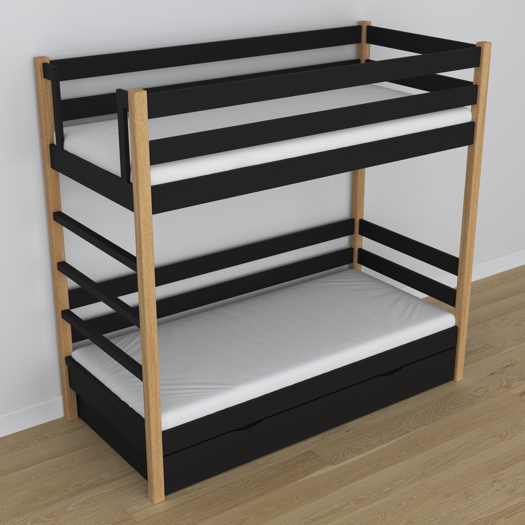 Lit superposé en bois noir-chêne – détails des assemblages et de l'échelle, chambre d'enfant