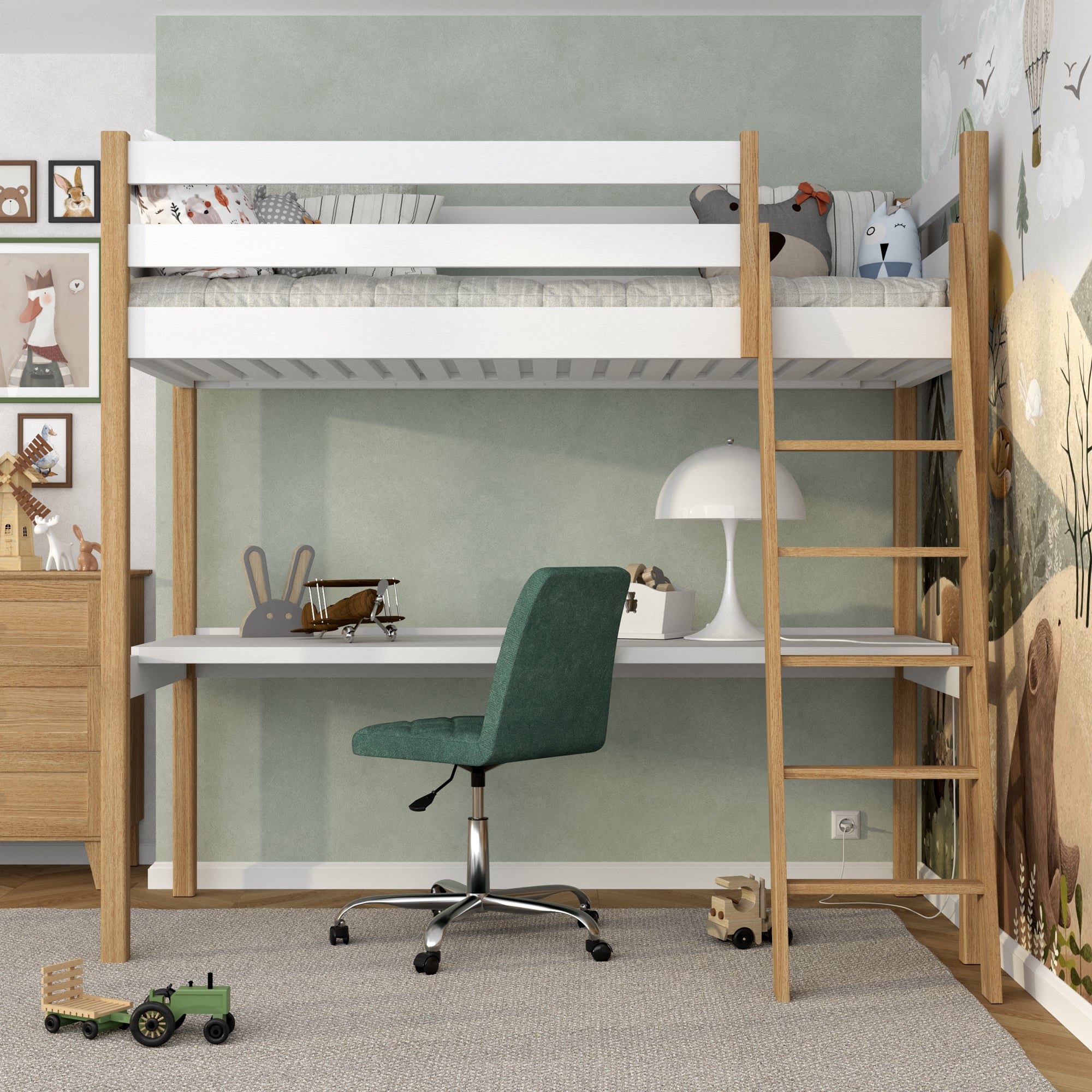 Loft bed white/oak with desk – study space under the sleeping area, wooden