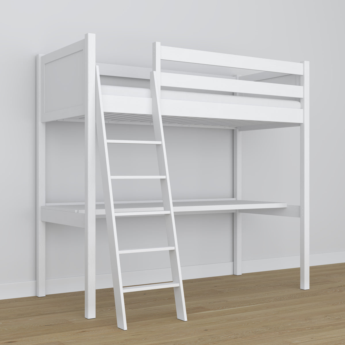 Hochbett mit Schreibtisch aus Holz weiß – Details der Verbindungen und Leiter