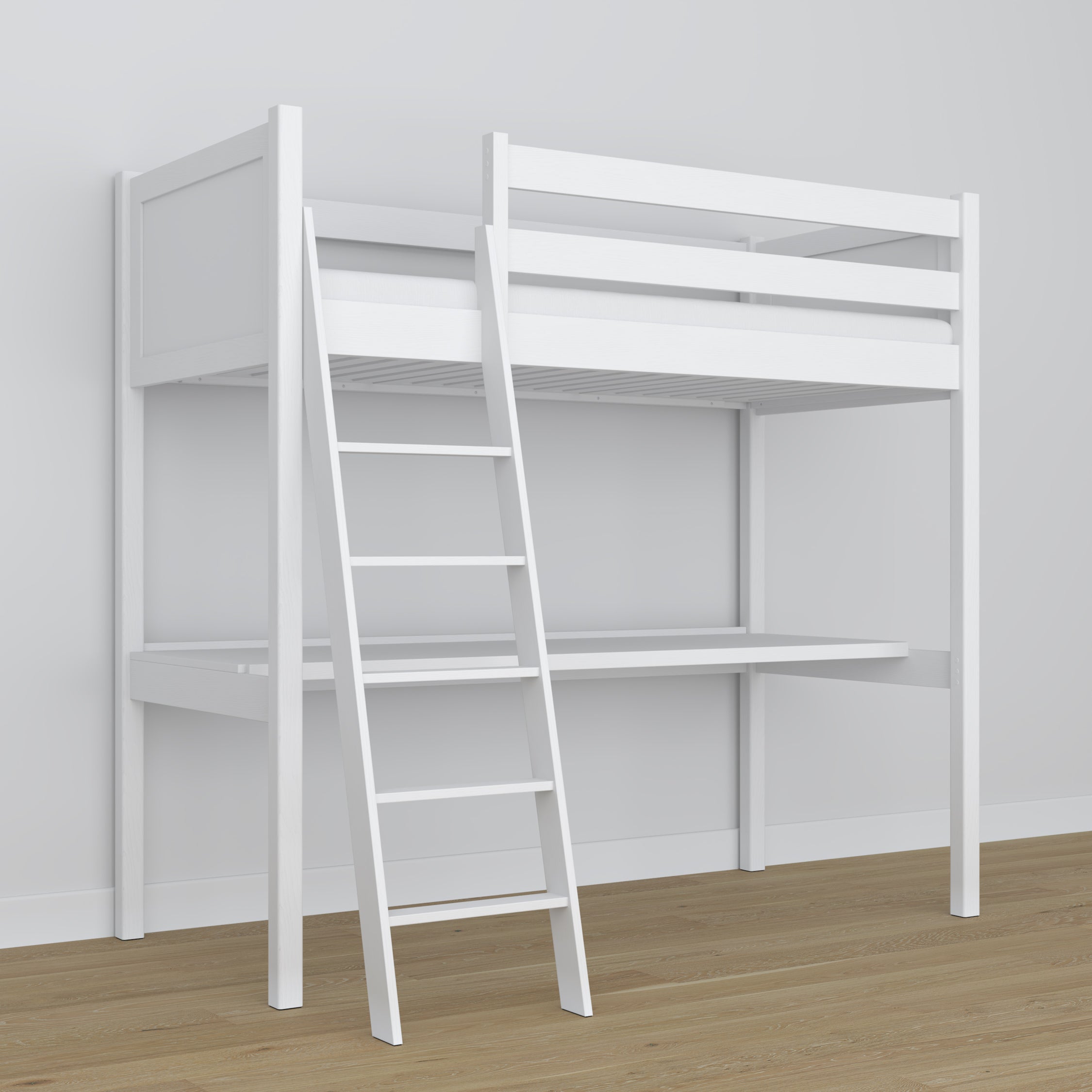 Hochbett mit Schreibtisch aus Holz weiß – Details der Verbindungen und Leiter