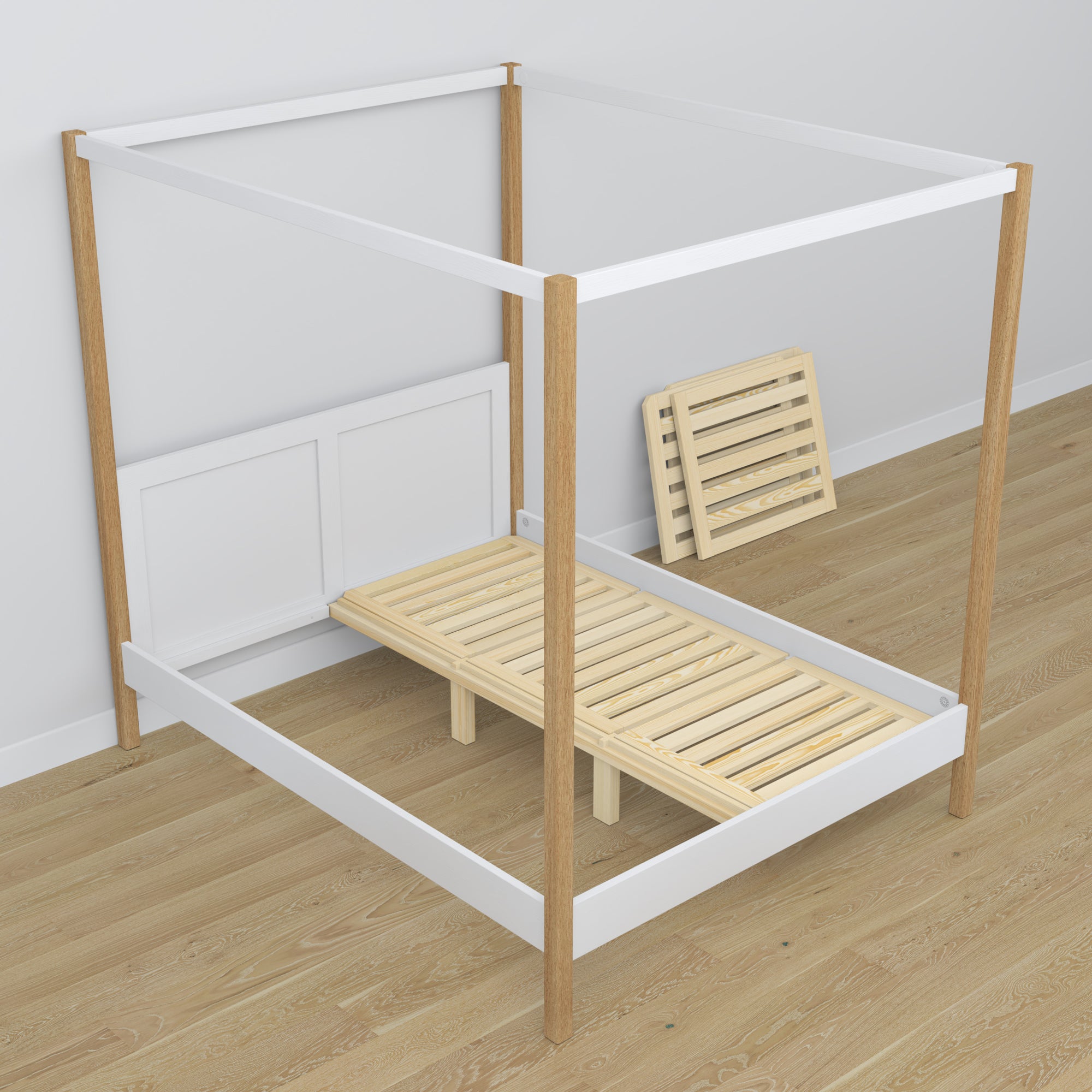 Bett mit Baldachin Weiß-Eiche aus Holz – Seitenansicht, Scandi-Stil