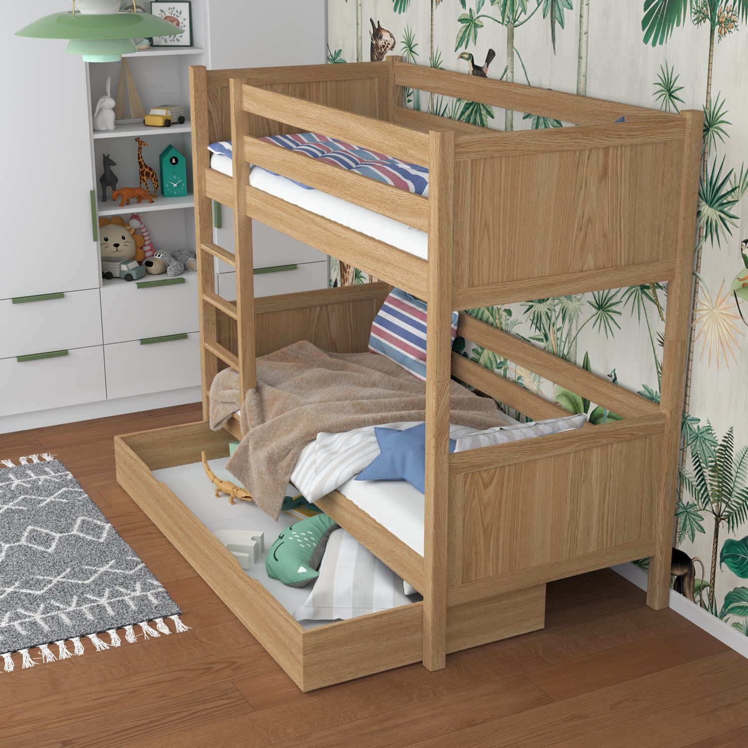 Natural Oak Bunk Bed with Drawer – Oak Safety Rail and Ladder, Nizio