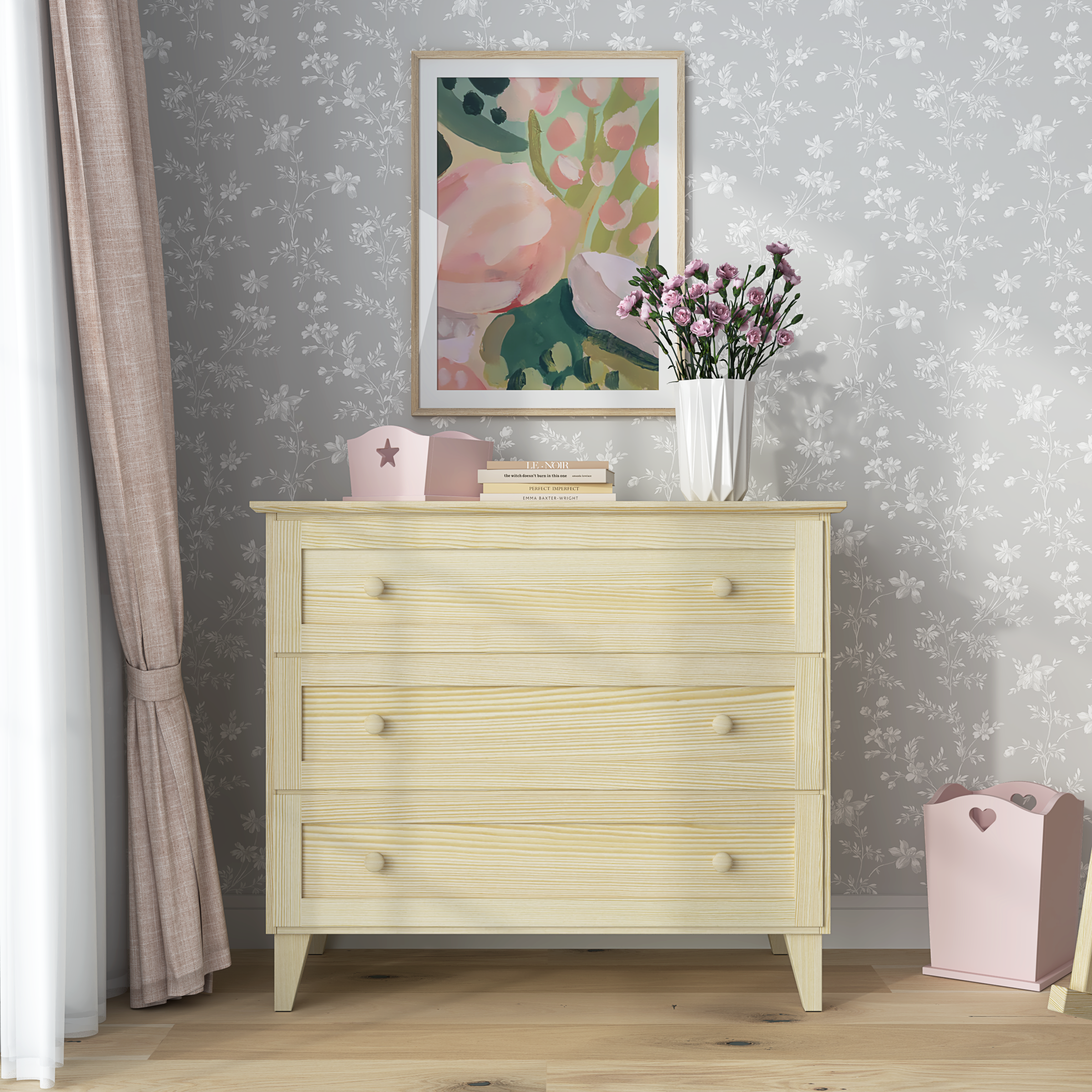 Commode 3S en pin pin incolore – szuflady otwarte, pojemne l'intérieur rangements