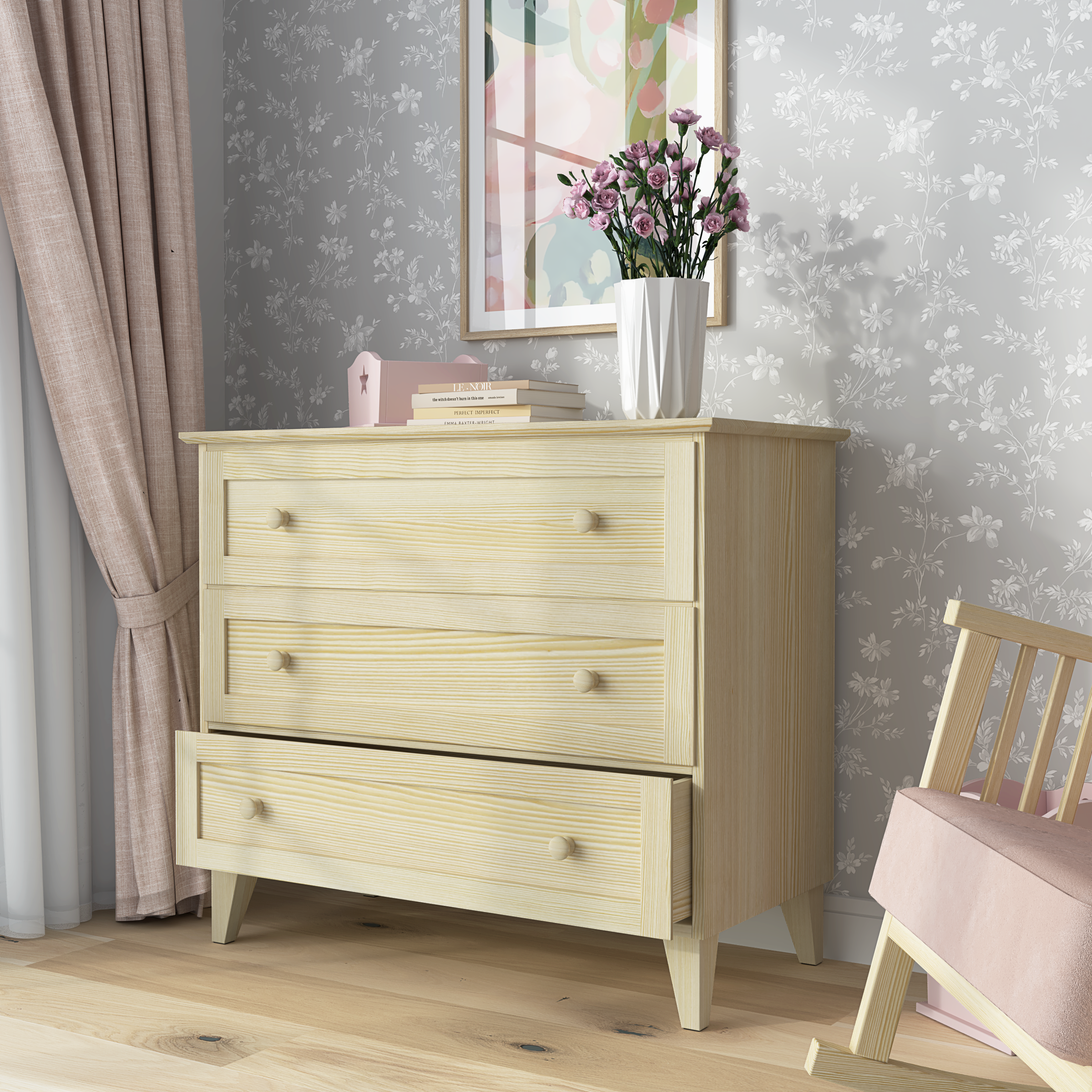 Commode 3S pin incolore – en pin, szuflady fermé, vue frontale, Nizio