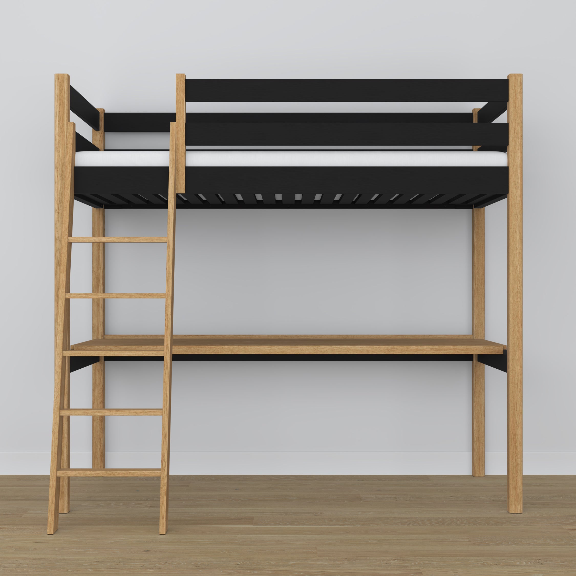 Hochbett schwarz-eiche aus Holz – Draufsicht auf den Schlafbereich, Nizio