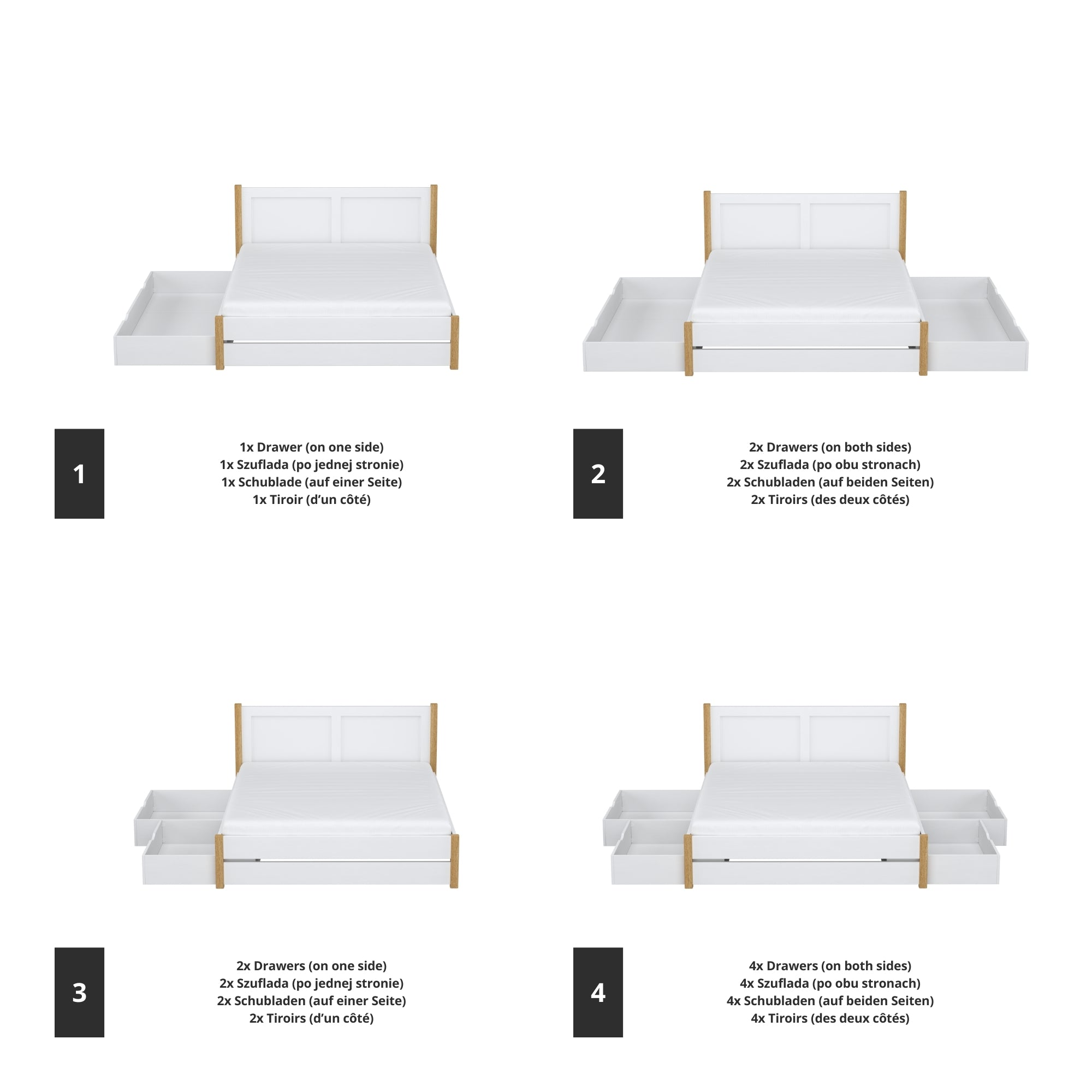 Double bed white with oak and drawer in bedroom – Scandinavian arrangement